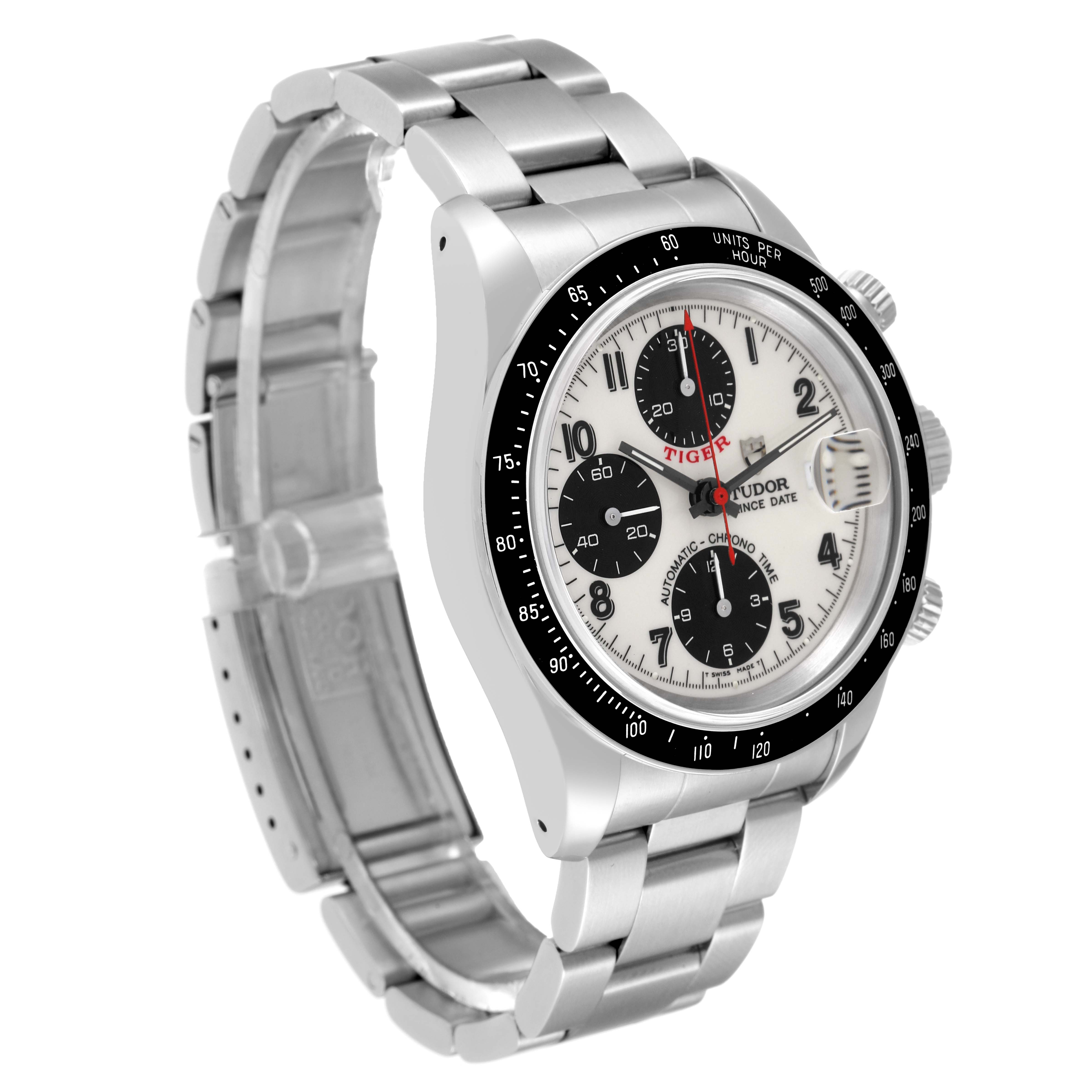 This image shows a Tudor Prince chronograph watch at a three-quarter angle, highlighting the face, bezel, and stainless steel bracelet.