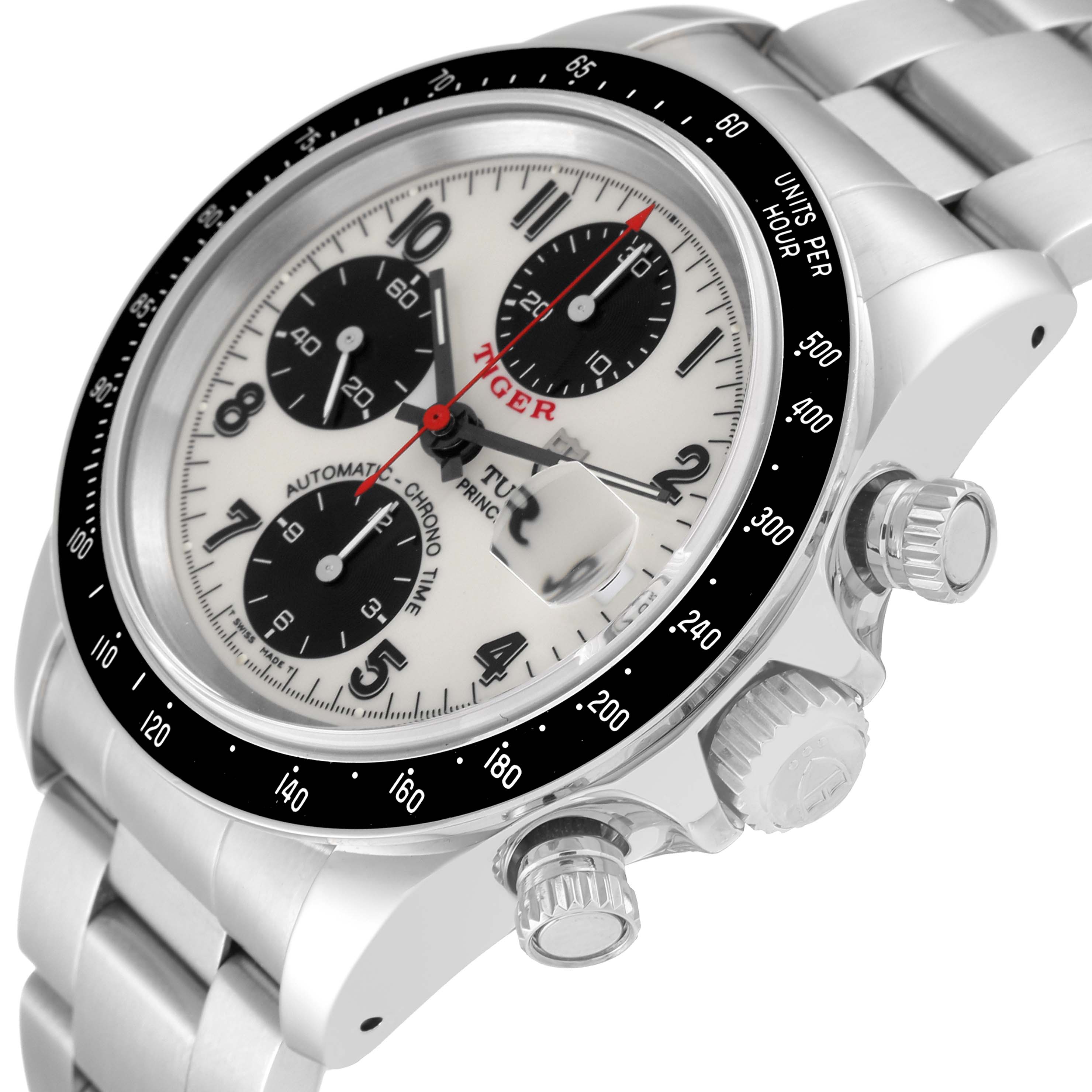 The image shows the dial, bezel, and crown of the Tudor Prince model watch at an angled close-up view.