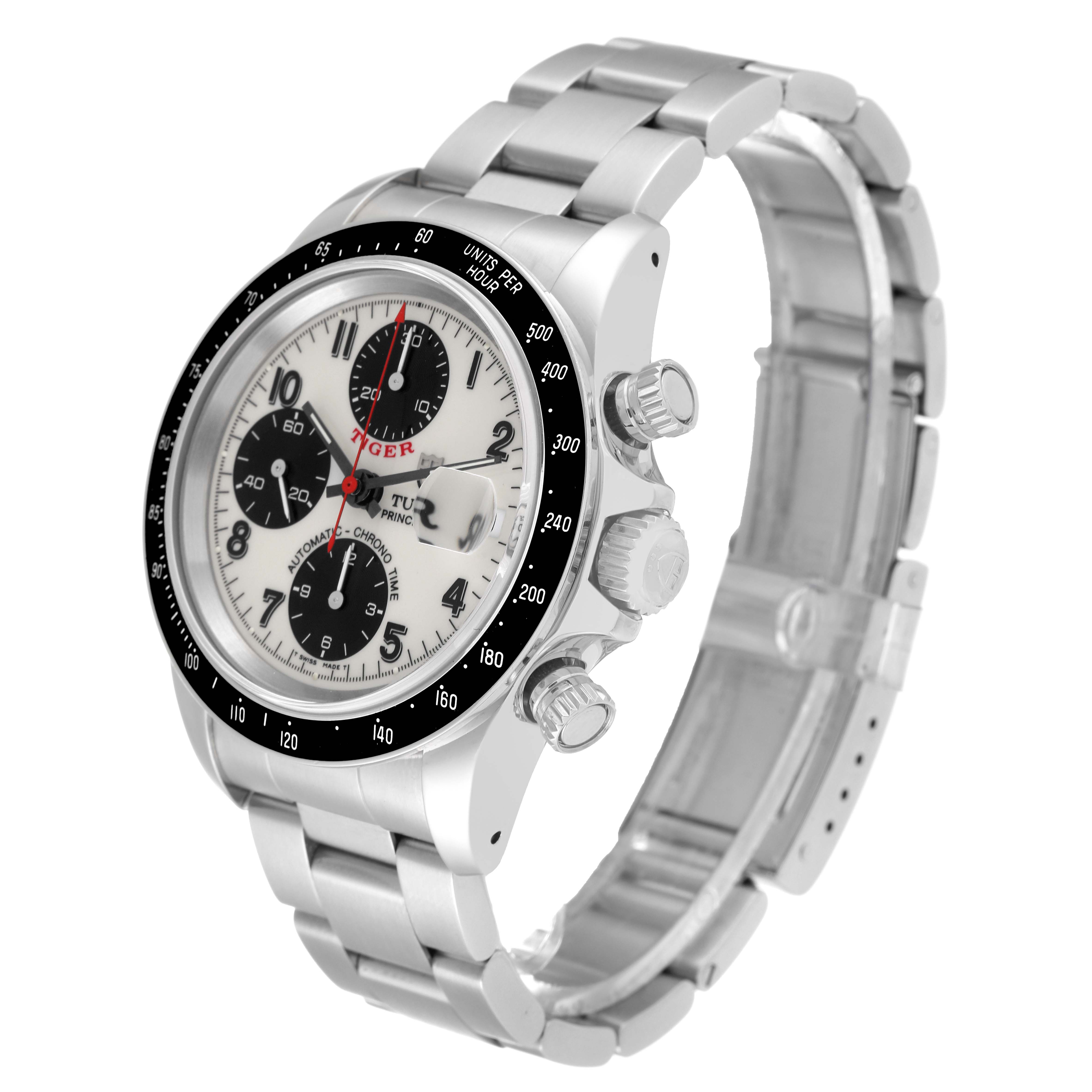 The image shows a side and front angle of the Tudor Prince watch with its bezel, dial, and metal bracelet clearly visible.