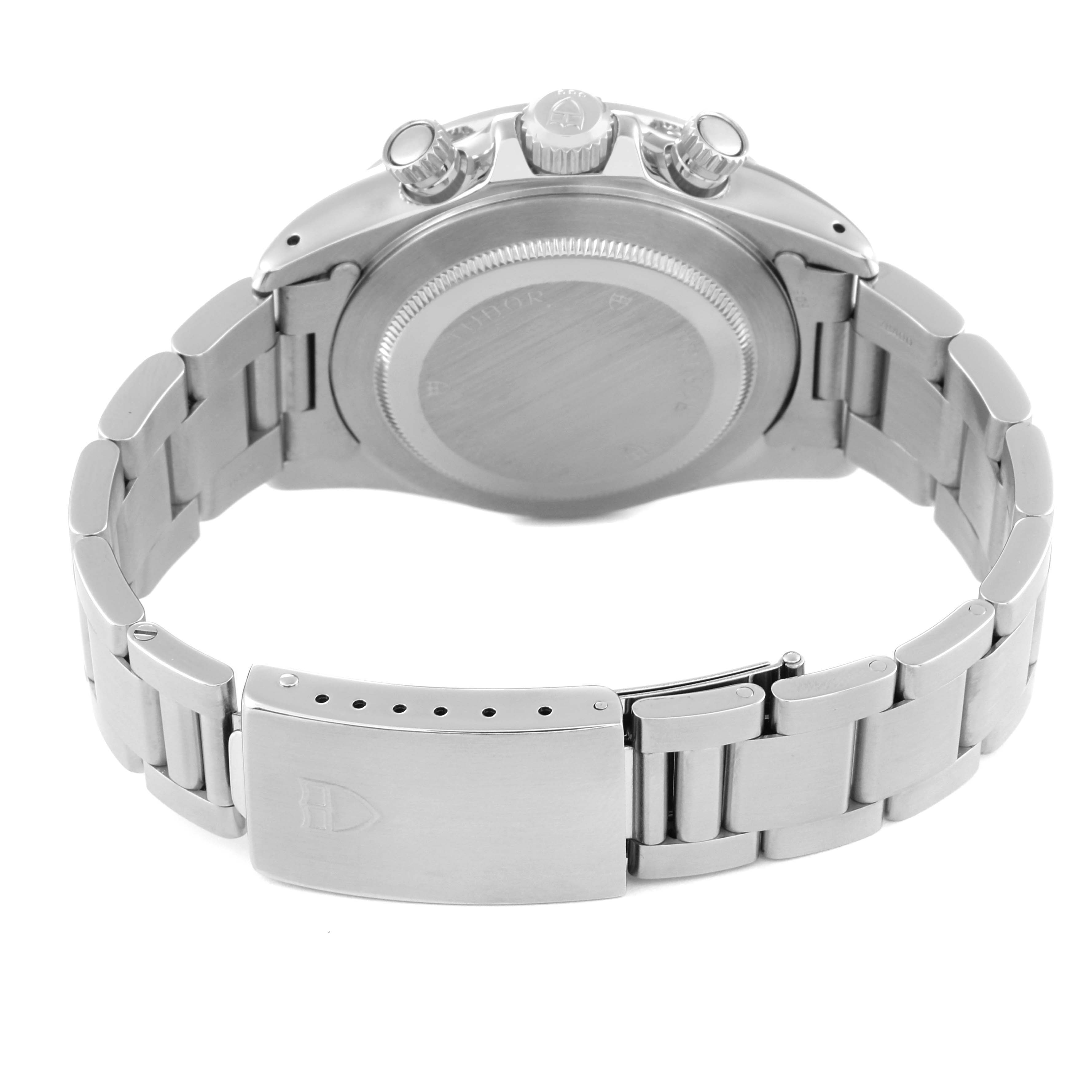 The image shows the back and bracelet of a Tudor Prince model watch, including the clasp and crown.