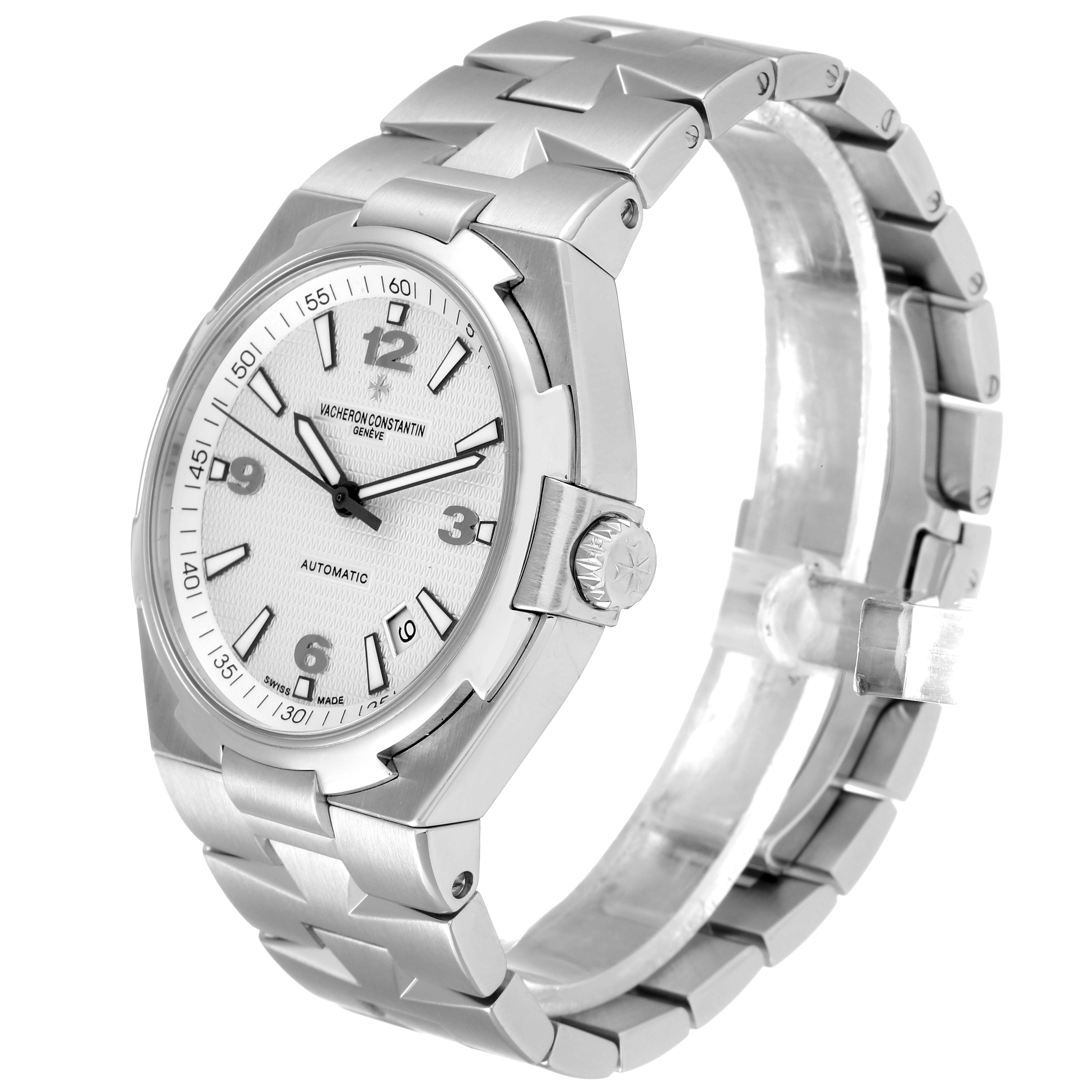 This Vacheron Constantin Overseas 47040B01A-9093 Men
s Stainless Steel Silver Dial 47040B01A-9093 Men
s Stainless Steel Silver Dial model is shown from a front angle, highlighting the face, bracelet, and crown.
