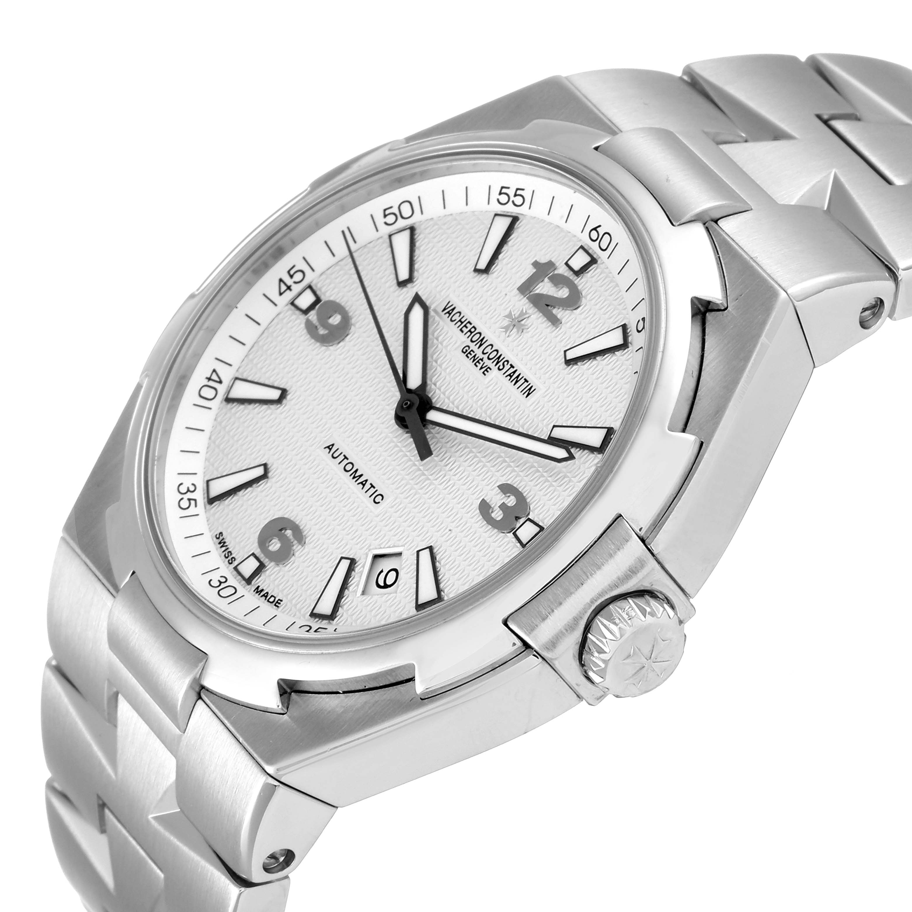 The image shows a Vacheron Constantin Overseas 47040B01A-9093 Men
s Stainless Steel Silver Dial 47040B01A-9093 Men
s Stainless Steel Silver Dial model watch at an angled side view, highlighting its silver case, dial, and crown.