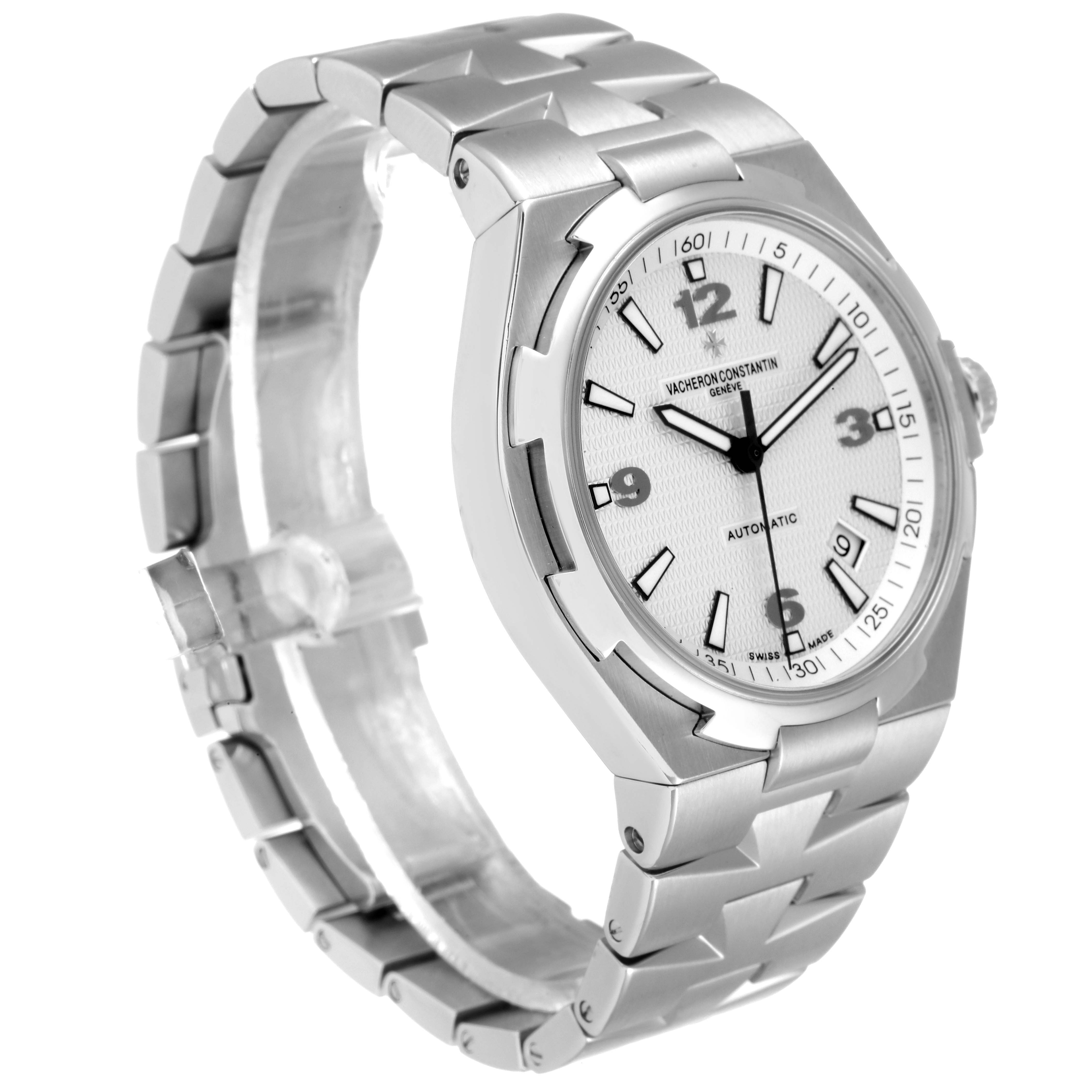 The image shows a side-angle view of the Vacheron Constantin Overseas 47040B01A-9093 Men
s Stainless Steel Silver Dial 47040B01A-9093 Men
s Stainless Steel Silver Dial watch, highlighting the watch face, bezel, and bracelet.