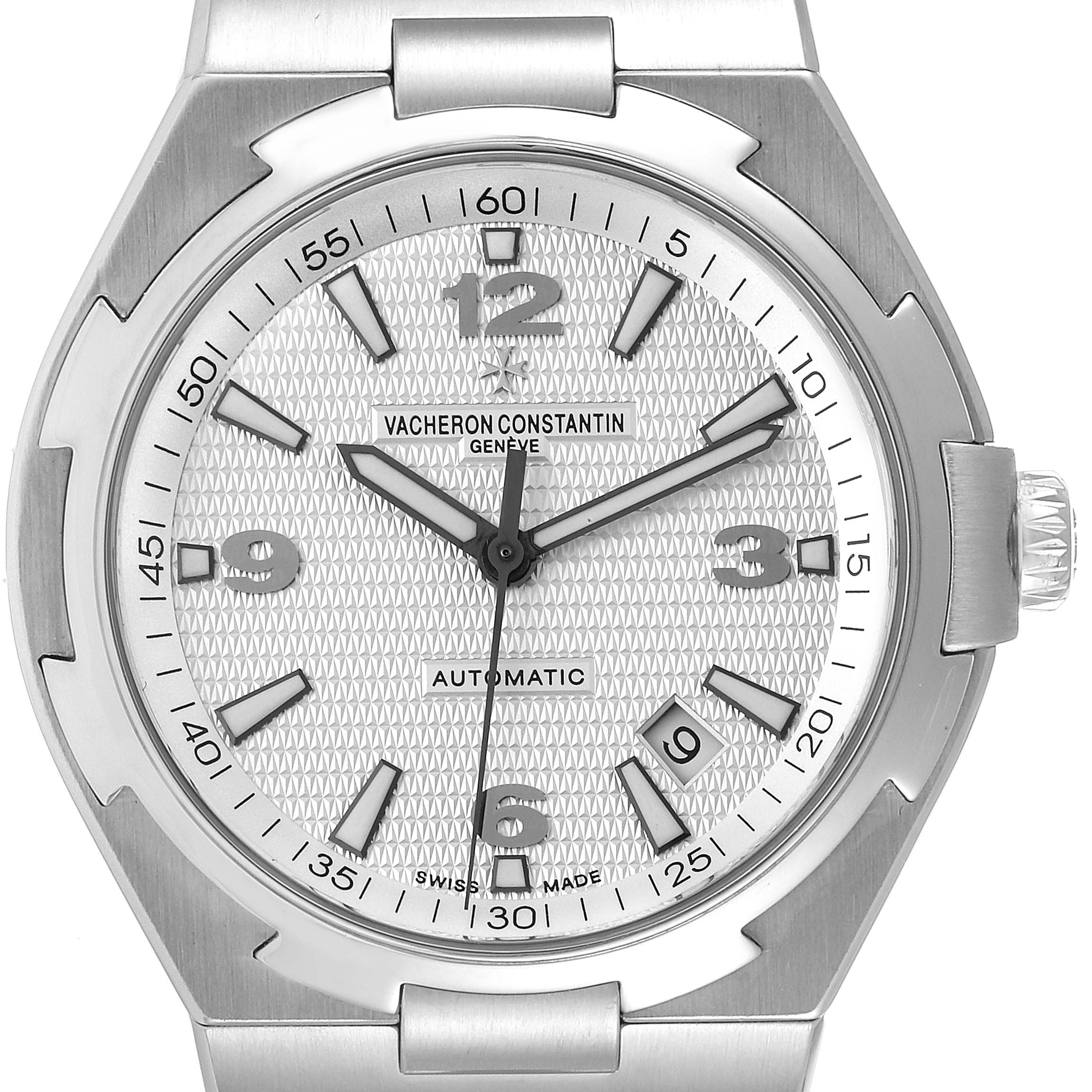 The image shows a front view of the dial, hands, markers, bezel, and part of the bracelet of the Vacheron Constantin Overseas 47040B01A-9093 Men
s Stainless Steel Silver Dial 47040B01A-9093 Men
s Stainless Steel Silver Dial model.
