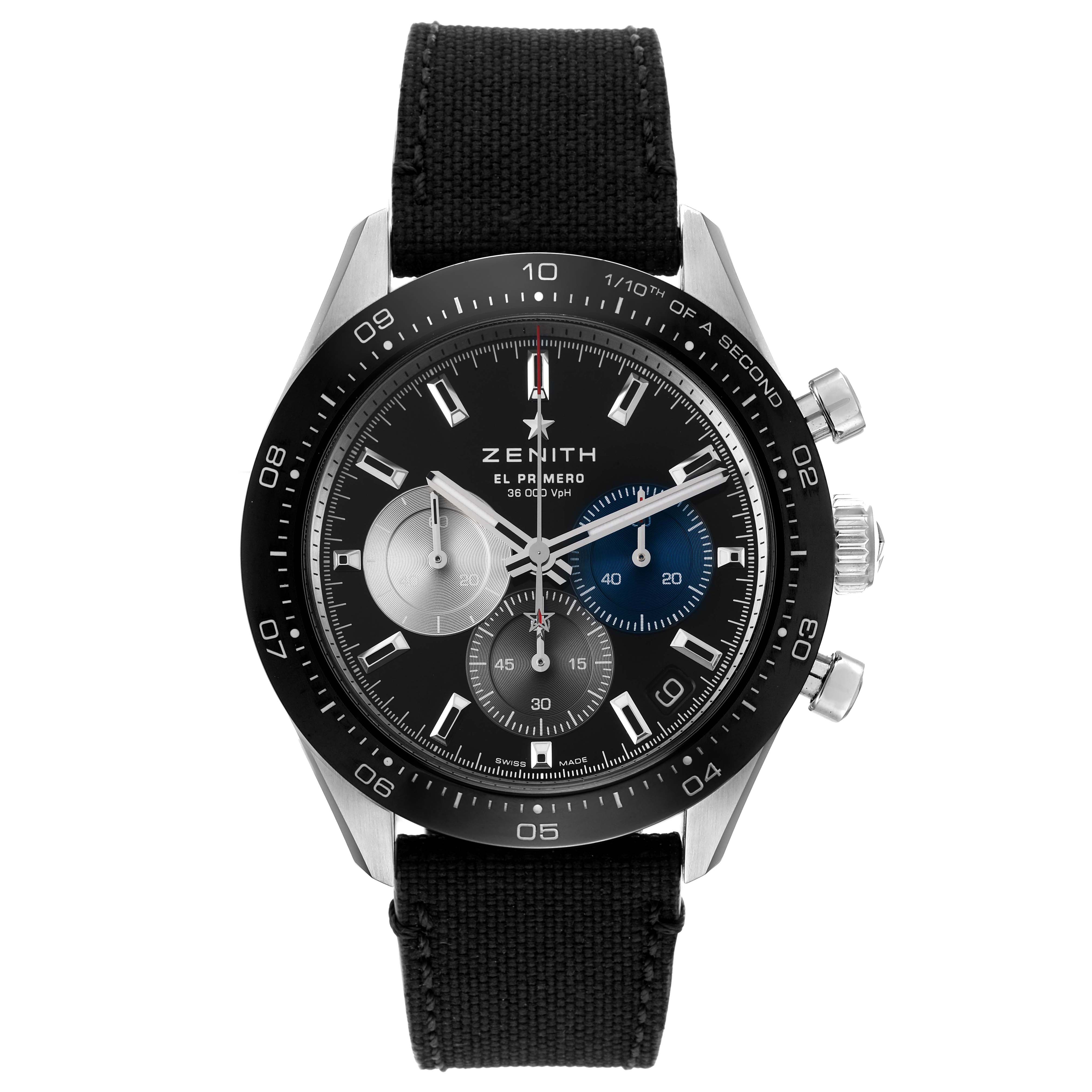 This image shows a front view of a Zenith Chronomaster 03.3100.3600/21.M3100 Men's Stainless Steel Black Dial 03.3100.3600/21.M3100 Men's Stainless Steel Black Dial watch, highlighting its dial, sub-dials, bezel, and strap.