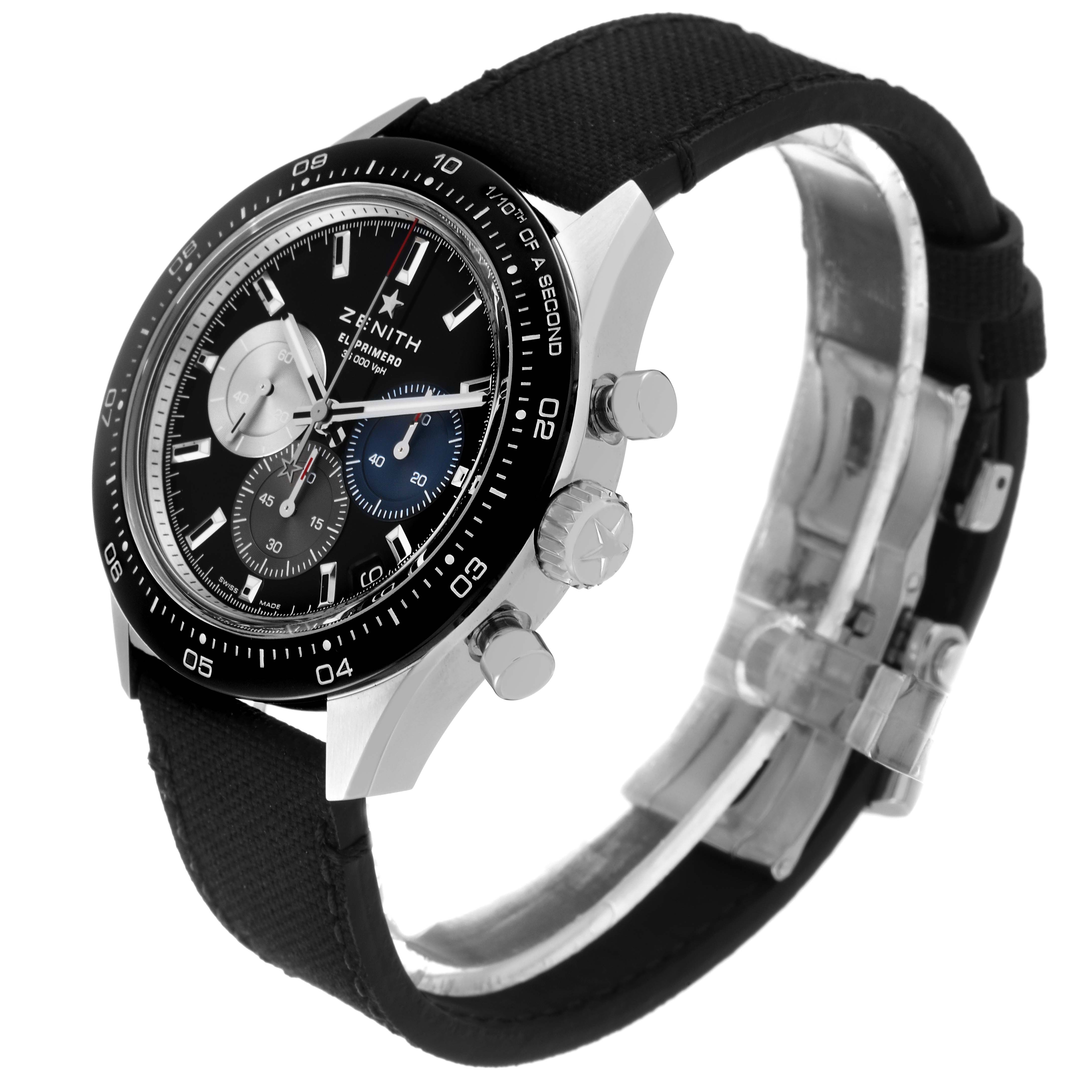 This image shows a side angle of the Zenith Chronomaster 03.3100.3600/21.M3100 Men's Stainless Steel Black Dial 03.3100.3600/21.M3100 Men's Stainless Steel Black Dial watch, highlighting the bezel, chronograph subdials, case, crown, and strap.
