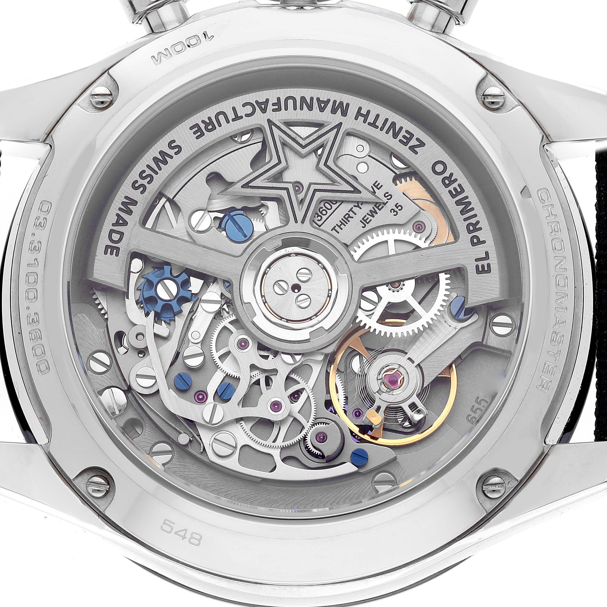 The image shows the back view of the Zenith Chronomaster 03.3100.3600/21.M3100 Men's Stainless Steel Black Dial 03.3100.3600/21.M3100 Men's Stainless Steel Black Dial watch, revealing its intricate mechanical movement.