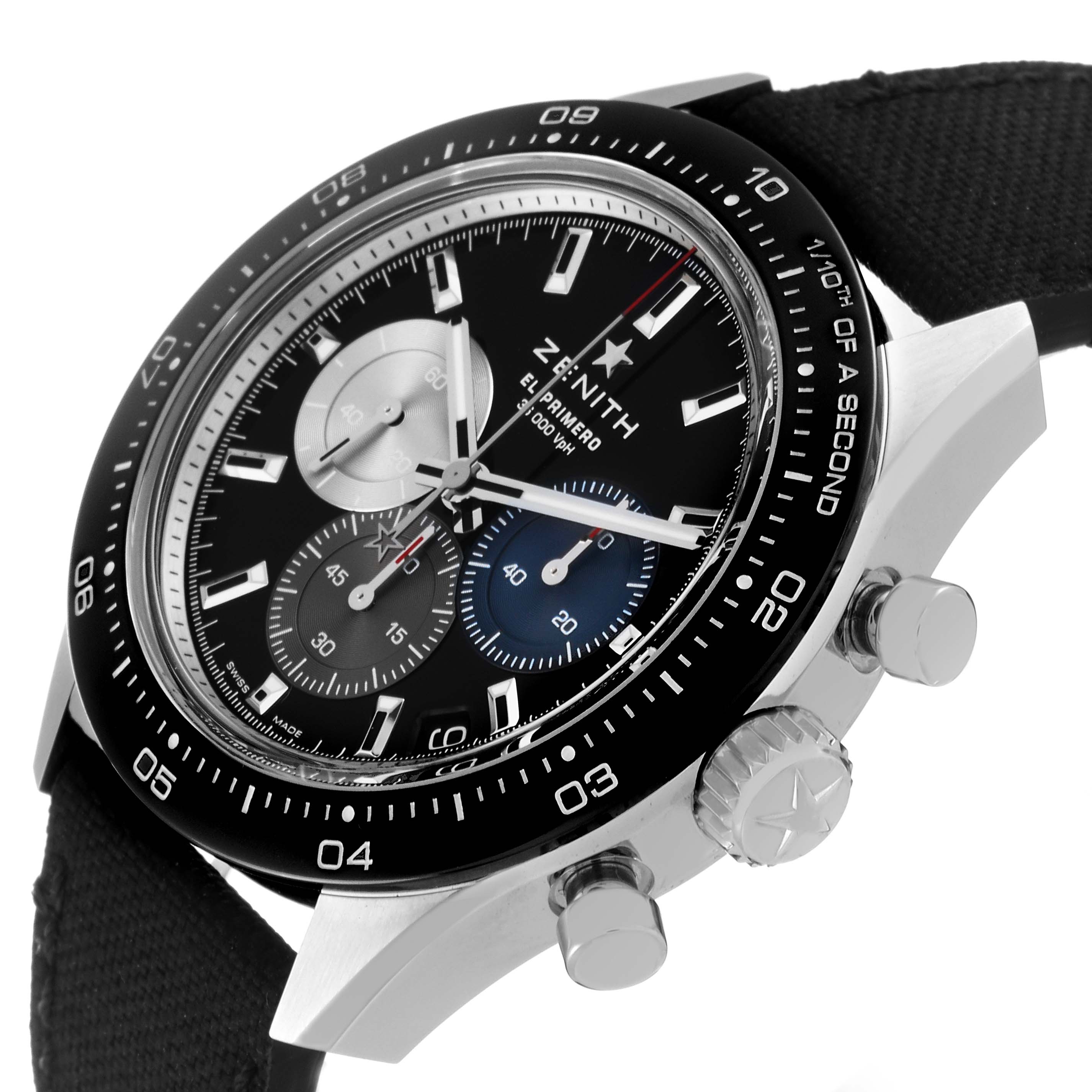 The image shows a Zenith Chronomaster 03.3100.3600/21.M3100 Men's Stainless Steel Black Dial 03.3100.3600/21.M3100 Men's Stainless Steel Black Dial model watch at an angled side view, highlighting its face, bezel, and crown.