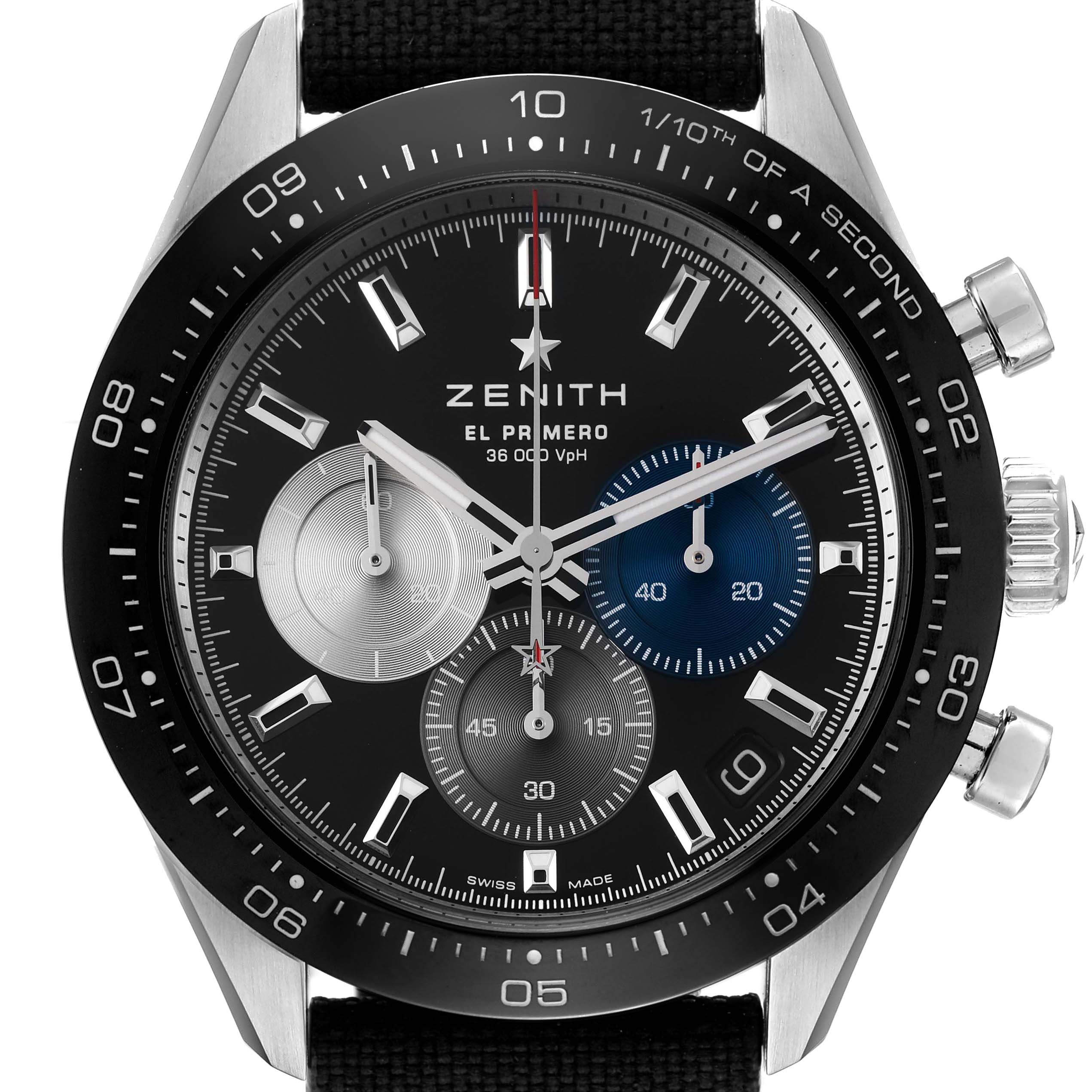 The image shows a front view of the Zenith Chronomaster 03.3100.3600/21.M3100 Men's Stainless Steel Black Dial 03.3100.3600/21.M3100 Men's Stainless Steel Black Dial watch, highlighting its dial and chronograph features.