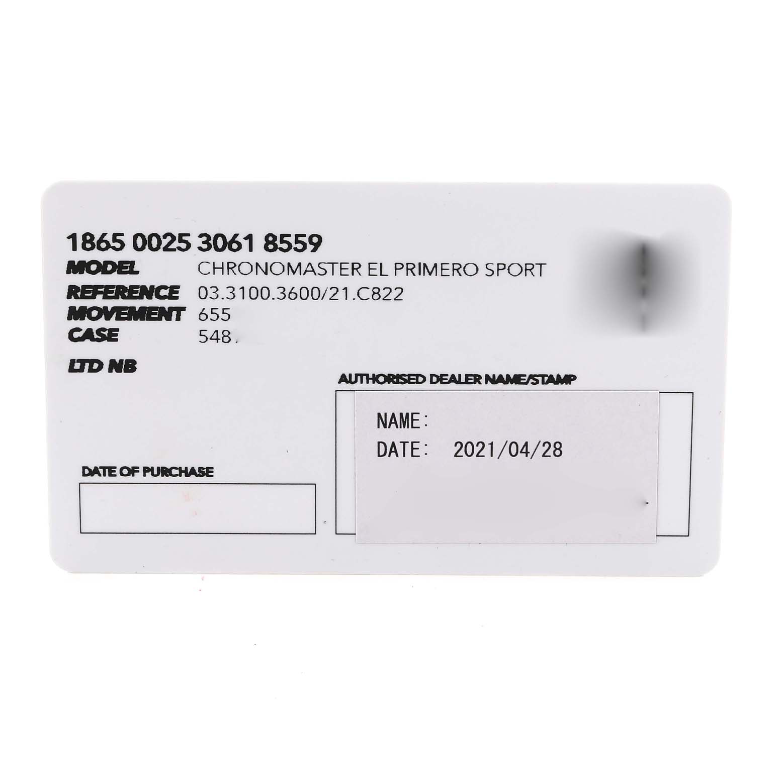 This image shows a warranty card for a Zenith Chronomaster 03.3100.3600/21.M3100 Men's Stainless Steel Black Dial 03.3100.3600/21.M3100 Men's Stainless Steel Black Dial El Primero Sport watch model.