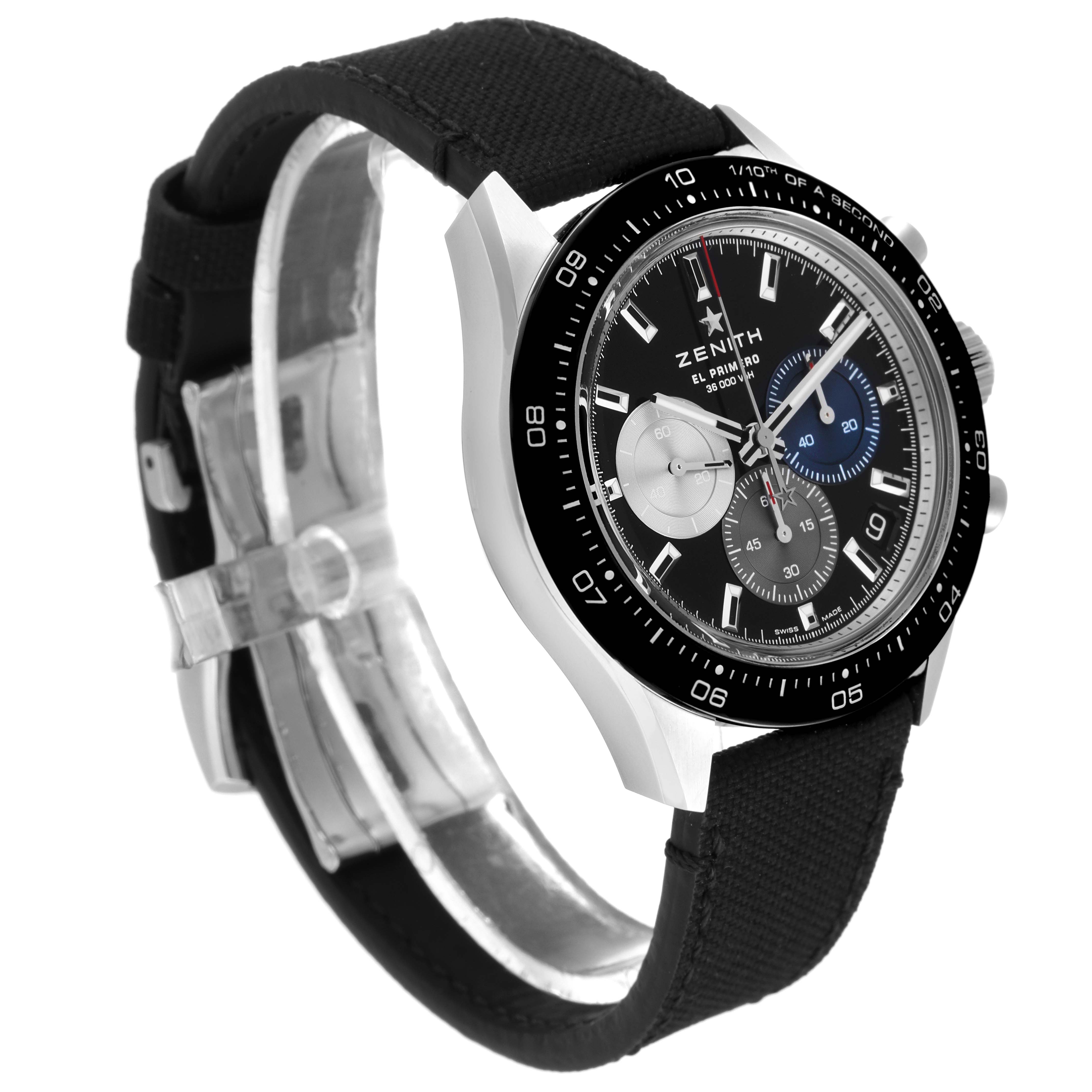 The image shows the front and side view of a Zenith Chronomaster 03.3100.3600/21.M3100 Men's Stainless Steel Black Dial 03.3100.3600/21.M3100 Men's Stainless Steel Black Dial watch, highlighting the dial, bezel, and strap.