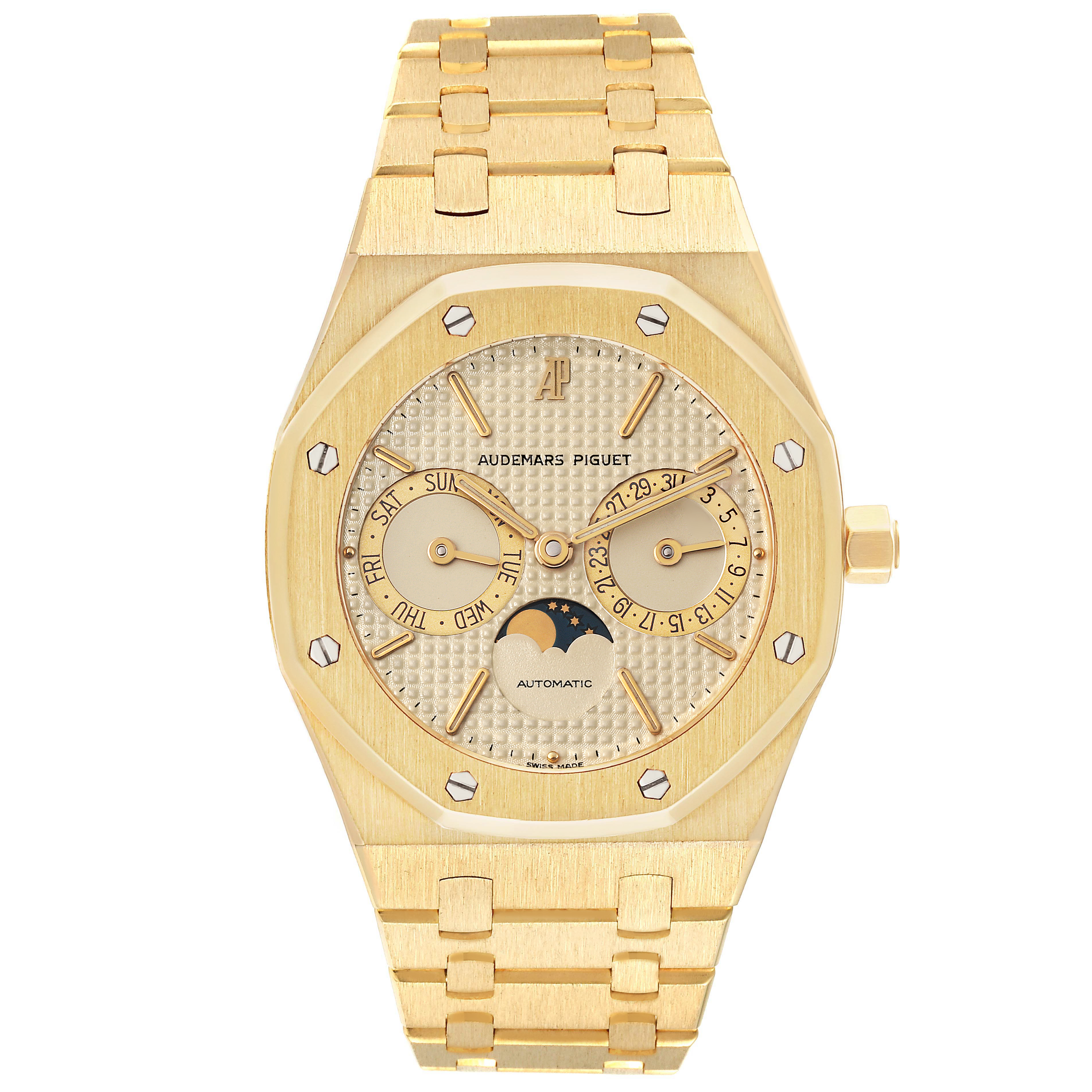 This image shows a frontal view of an Audemars Piguet Royal Oak 25594BA.OO.0477BA.01 Men's Yellow Gold Champagne Dial 25594BA.OO.0477BA.01 Men's Yellow Gold Champagne Dial watch, displaying its dial, bracelet, and crown.
