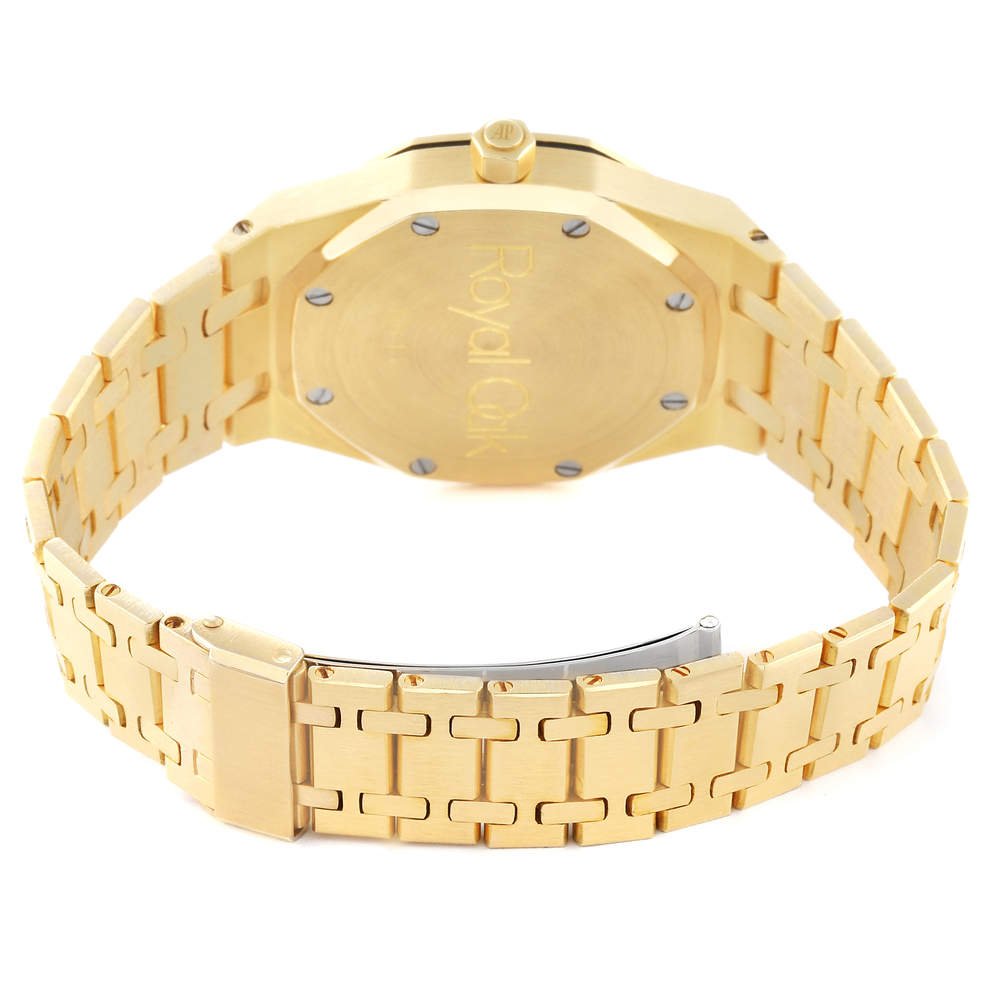 This image shows the back view of a gold Audemars Piguet Royal Oak 25594BA.OO.0477BA.01 Men's Yellow Gold Champagne Dial 25594BA.OO.0477BA.01 Men's Yellow Gold Champagne Dial watch, highlighting the case back and bracelet.