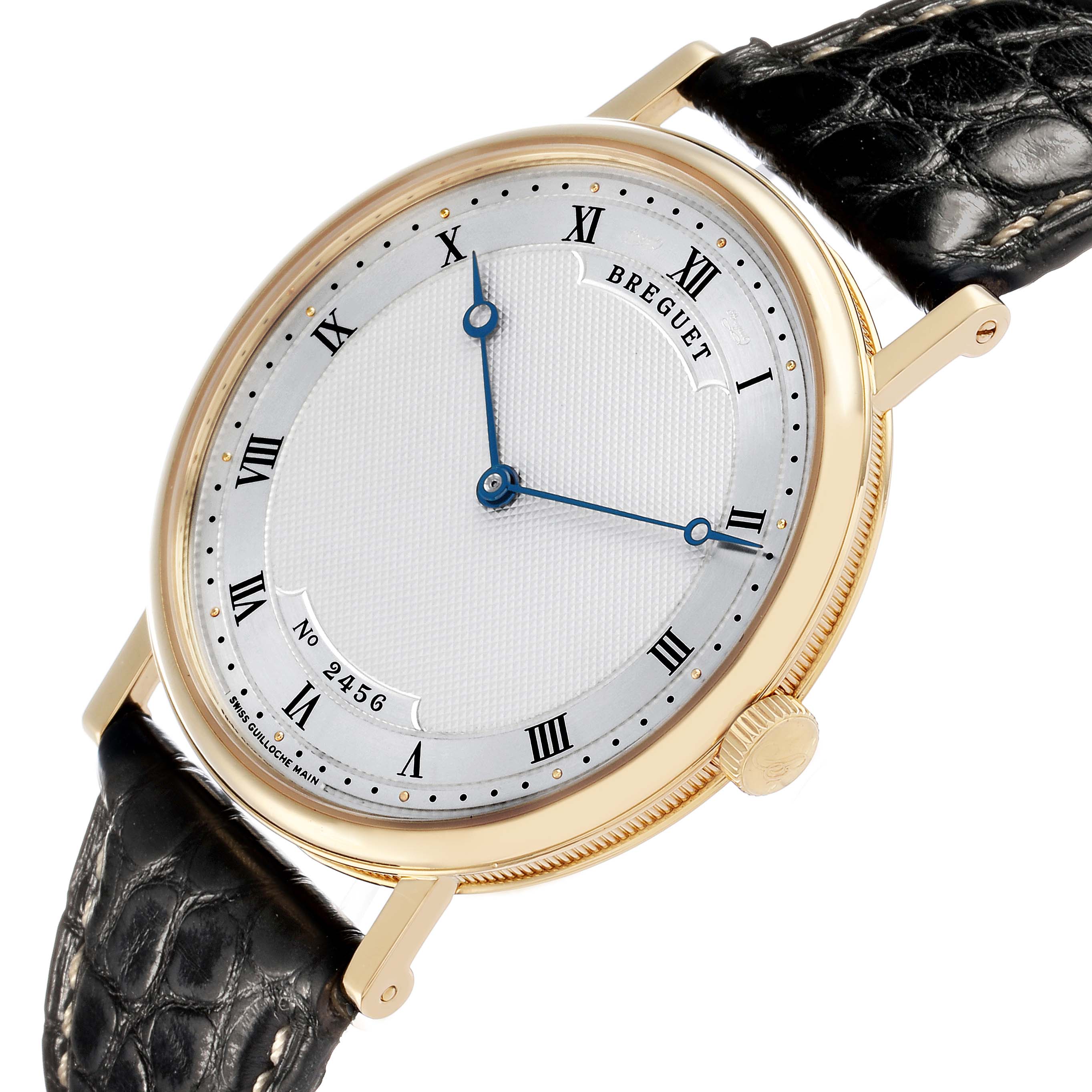 The Breguet Classique 5157BA Men's Yellow Gold Silver Dial watch is shown at an angle displaying the face, Roman numerals, blue hands, and black leather strap.