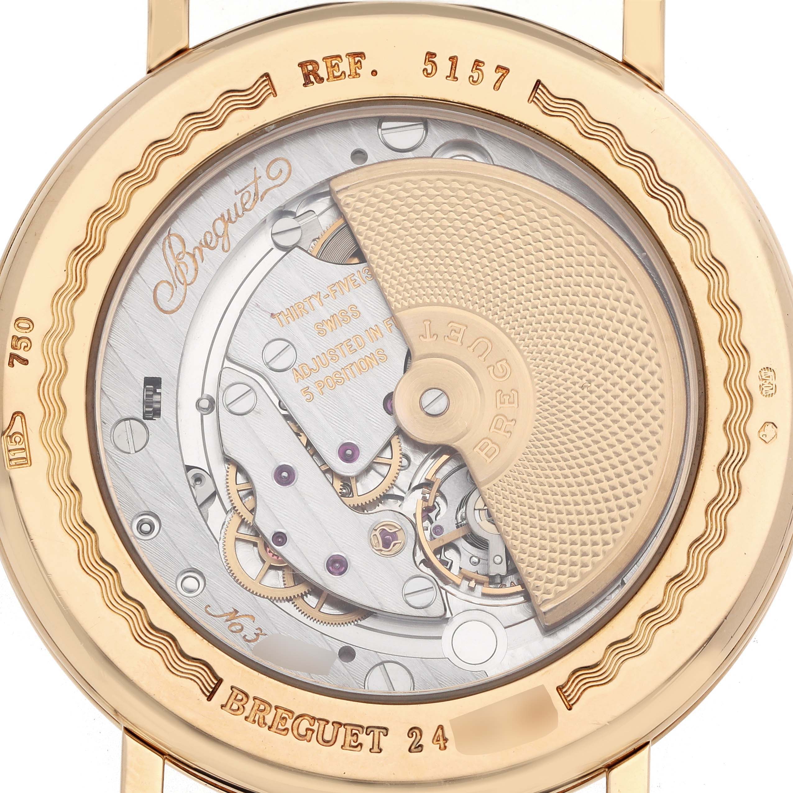 The image shows the back view of the Breguet Classique 5157BA Men's Yellow Gold Silver Dial model, focusing on the intricate movement and rotor.