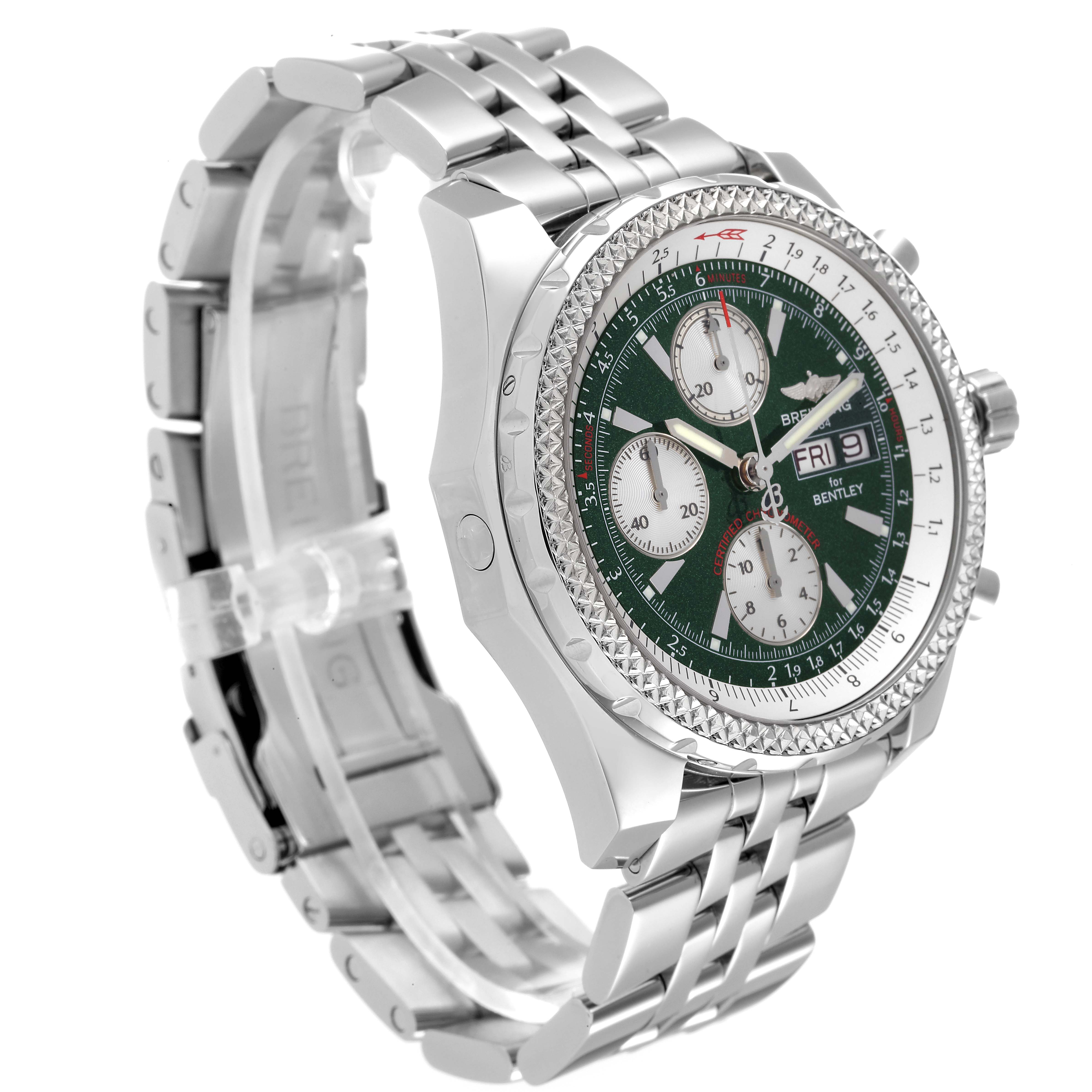 The image shows a side and three-quarter view of the Breitling Bentley A13362 Men's Stainless Steel Green Dial A13362 Men's Stainless Steel Green Dial watch, highlighting its green dial, chronograph subdials, and metal bracelet.