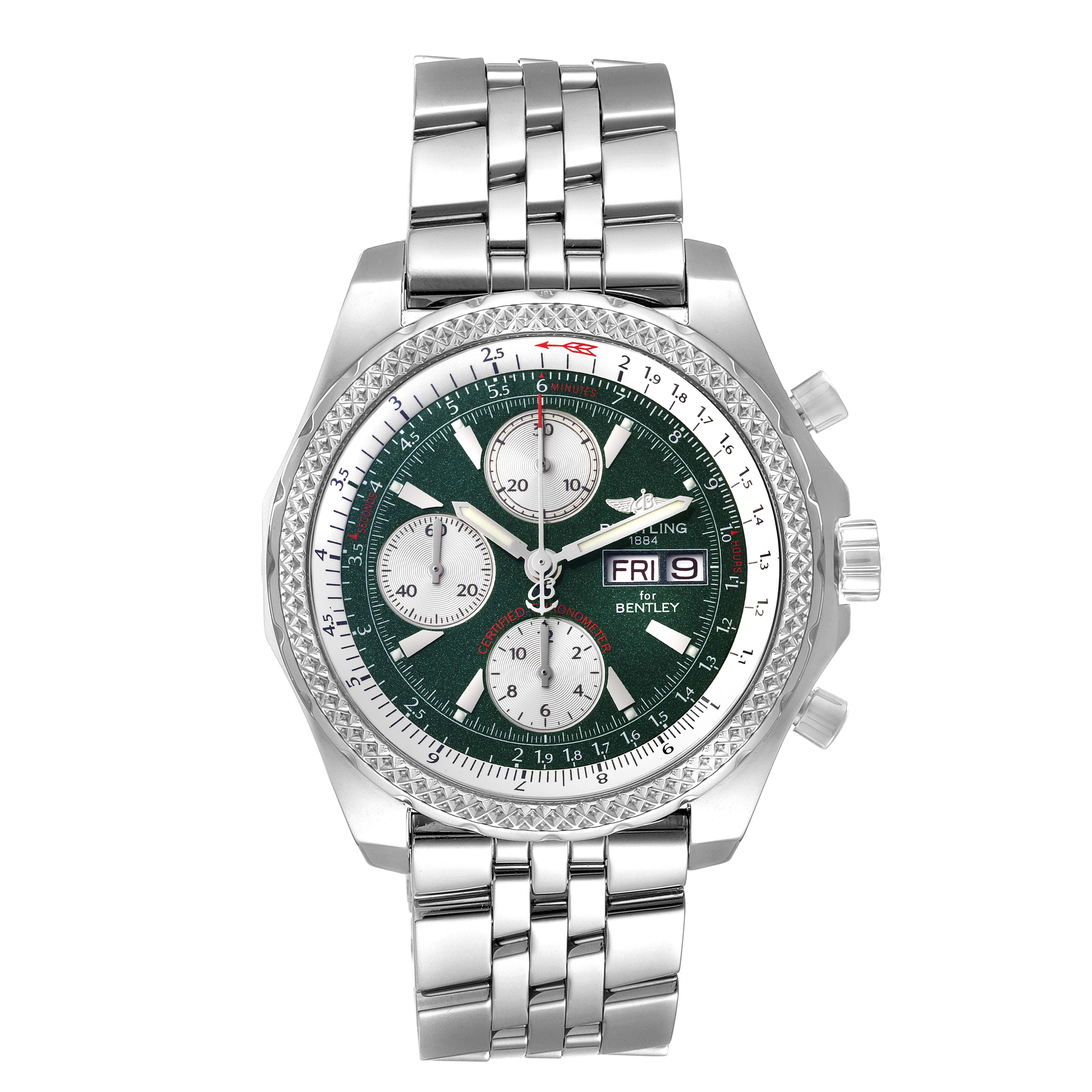 The image shows a front view of the Breitling Bentley A13362 Men's Stainless Steel Green Dial A13362 Men's Stainless Steel Green Dial watch, displaying its face, bezel, and bracelet clearly.