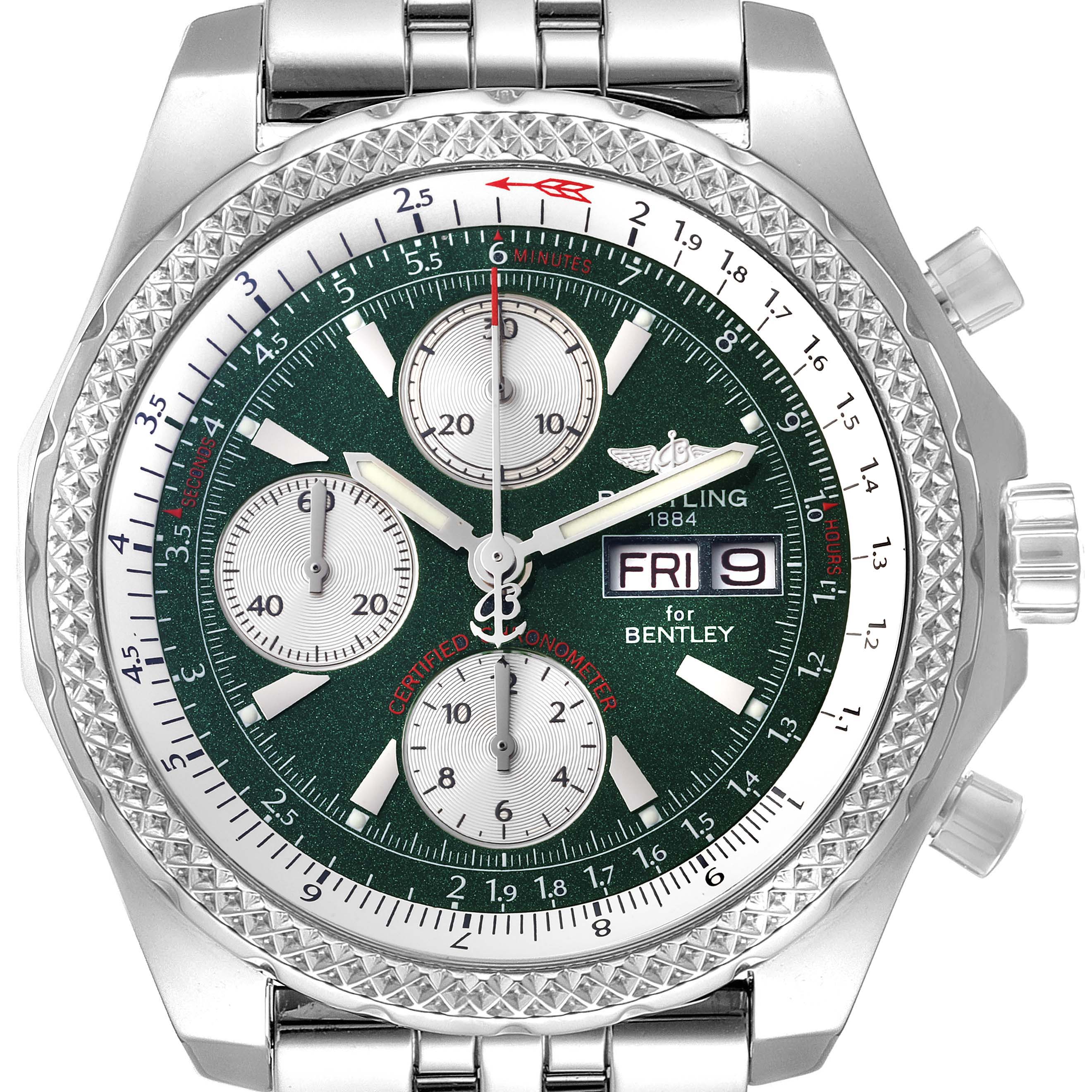 This image shows the Bentley model by Breitling from the front, highlighting its green dial, chronograph subdials, and date function.