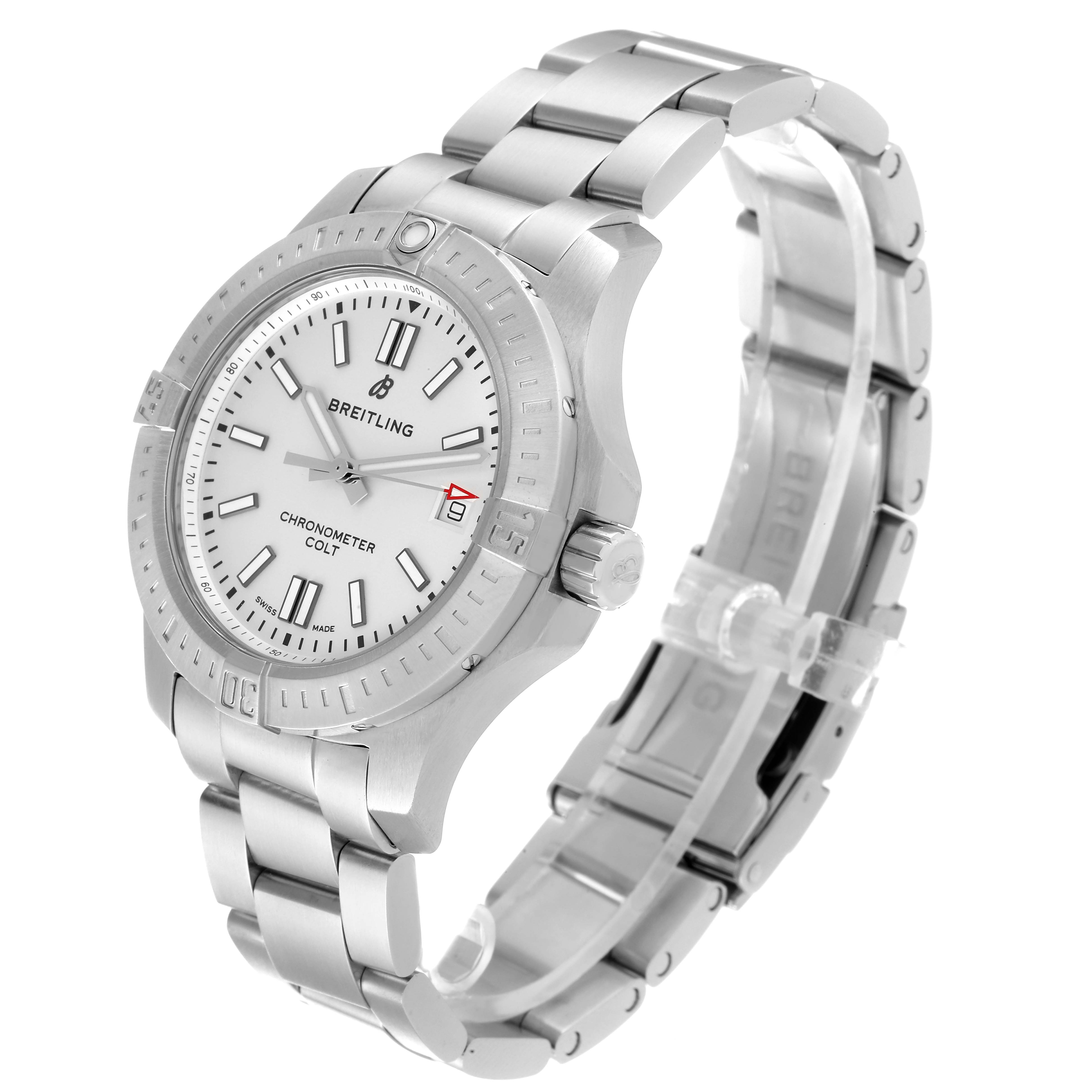 The image shows a side-angle view of a Breitling Colt A17313 Men
s Stainless Steel White Dial A17313 Men
s Stainless Steel White Dial watch, highlighting its face, bezel, crown, and metal bracelet.
