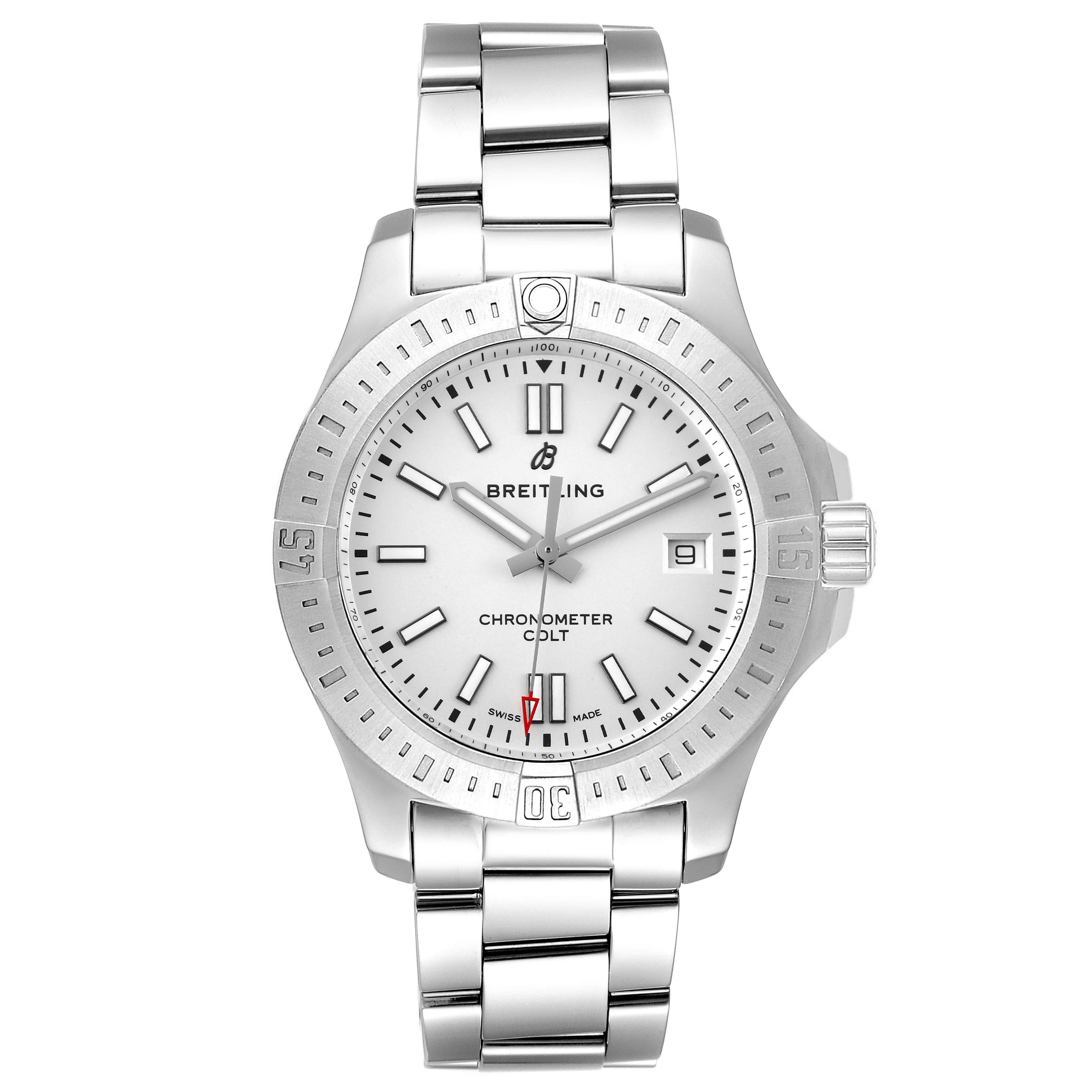 The image shows a front view of a Breitling Colt A17313 Men
s Stainless Steel White Dial A17313 Men
s Stainless Steel White Dial watch, displaying its face, bezel, hands, and bracelet.