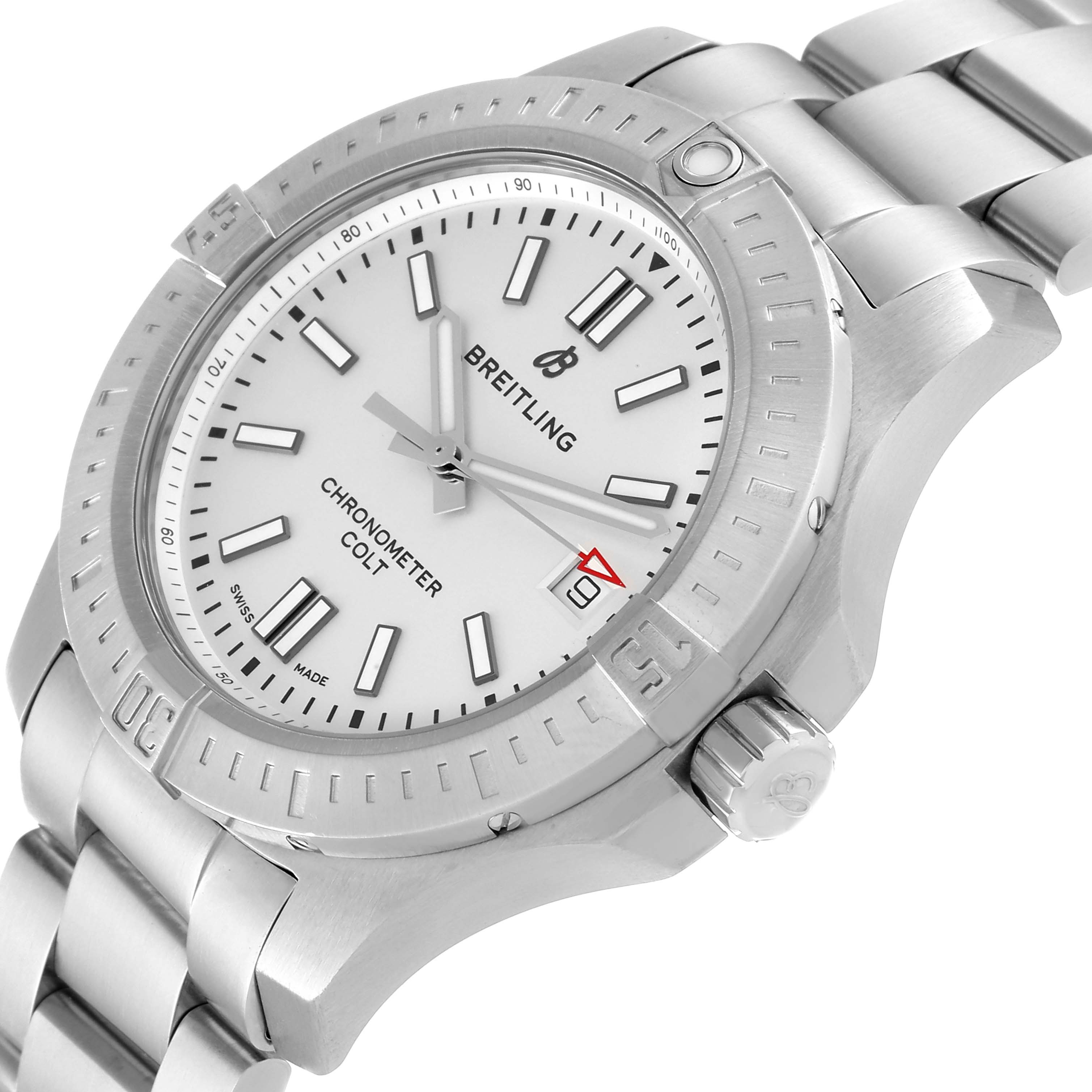 The image shows a Breitling Colt A17313 Men
s Stainless Steel White Dial A17313 Men
s Stainless Steel White Dial watch at a slight angle, highlighting its dial, bezel, crown, and bracelet.