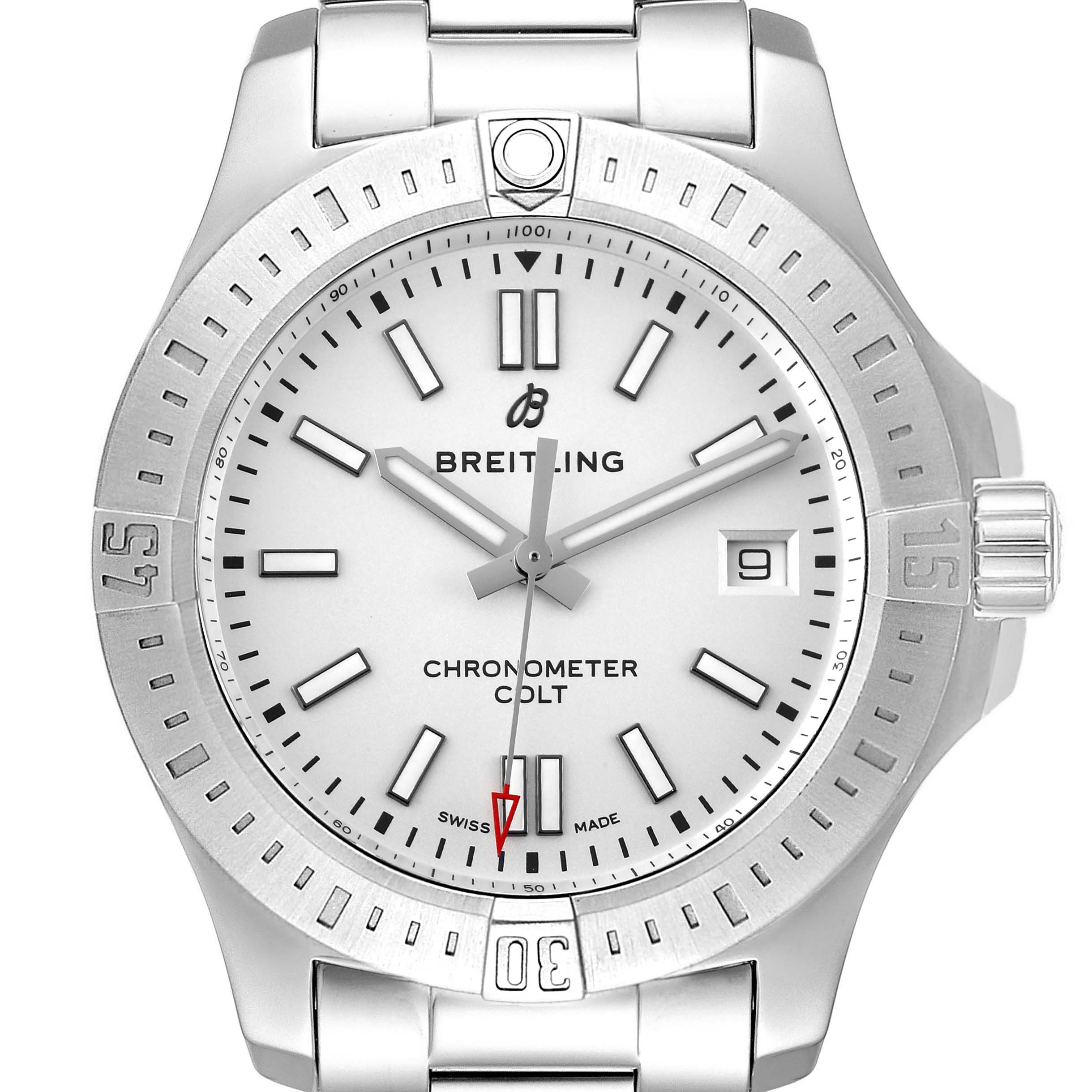 This Breitling Colt A17313 Men
s Stainless Steel White Dial A17313 Men
s Stainless Steel White Dial watch is shown from a front angle, displaying the dial, bezel, crown, and part of the bracelet.