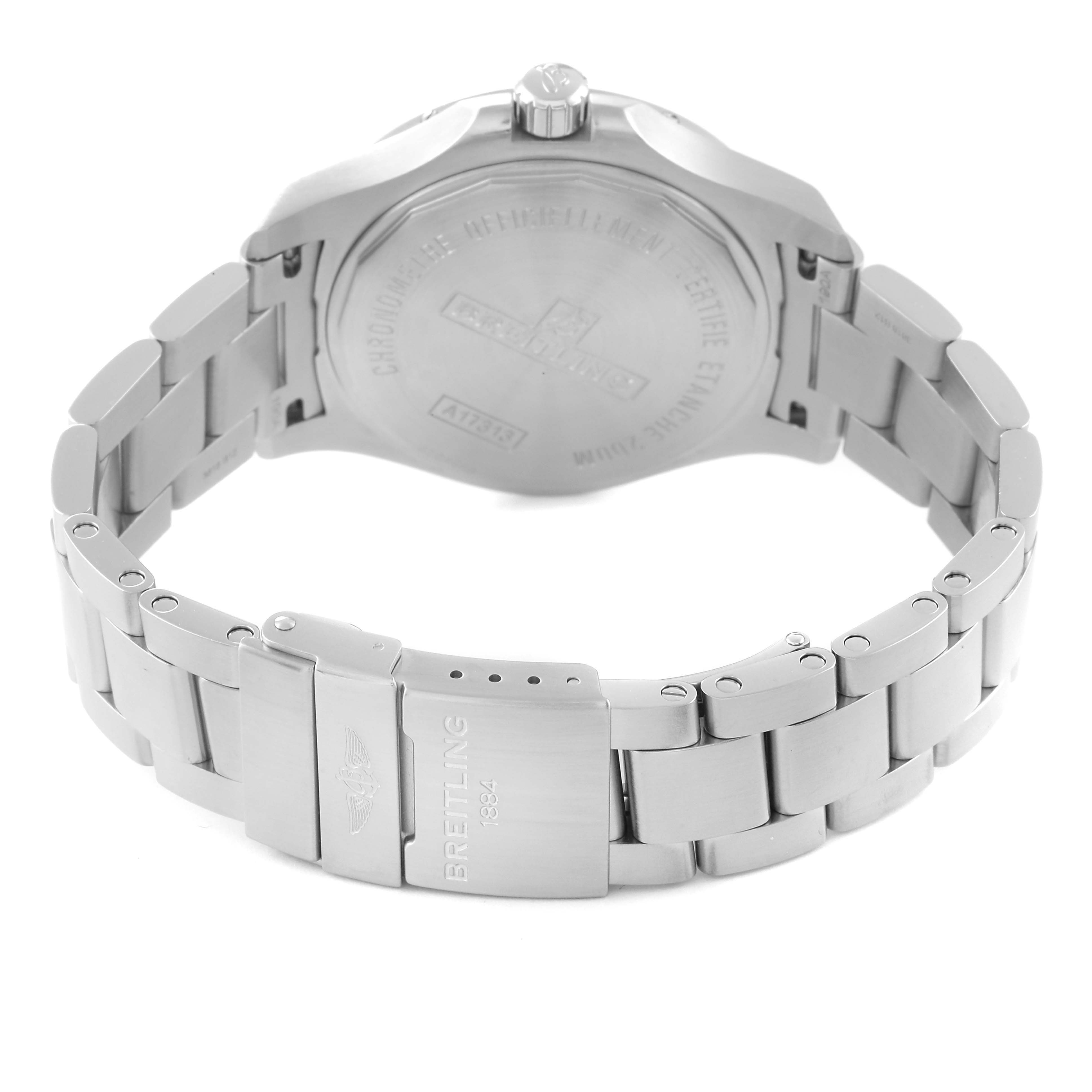 The image shows the back view of the Breitling Colt A17313 Men
s Stainless Steel White Dial A17313 Men
s Stainless Steel White Dial watch, highlighting the case back, crown, and stainless steel bracelet with the clasp. 
