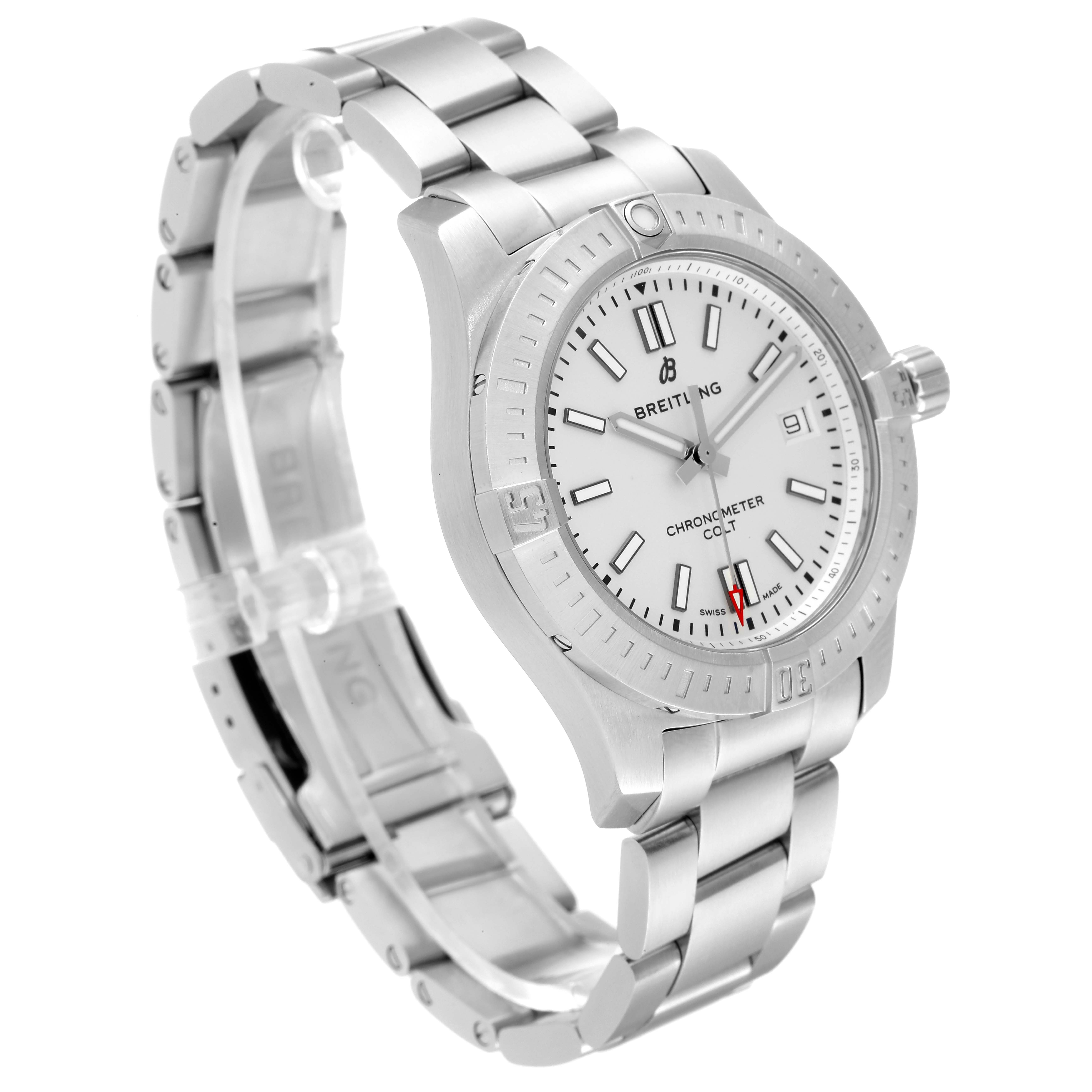 The image shows a side angle of a Breitling Colt A17313 Men
s Stainless Steel White Dial A17313 Men
s Stainless Steel White Dial watch, highlighting its face, bezel, crown, and metal bracelet.