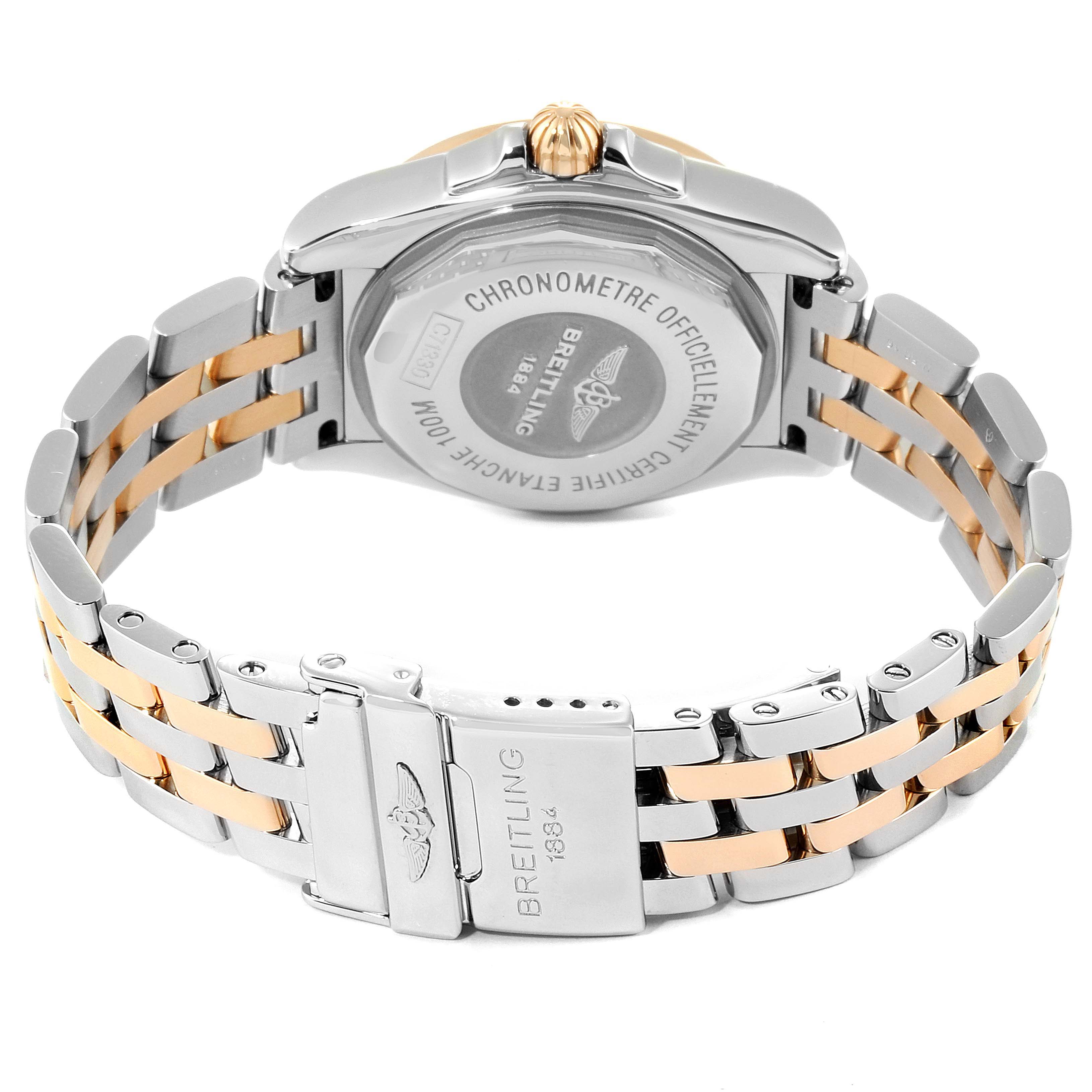 This image displays the Breitling C7133053/A803-792C Women's Steel and Gold (two tone) Mother of Pearl Dial C7133053/A803-792C Women's Steel and Gold (two tone) Mother of Pearl Dial Galactic 32 Steel Rose Gold MOP Diamond Ladies Watch C71330's back case and bi-color bracelet.