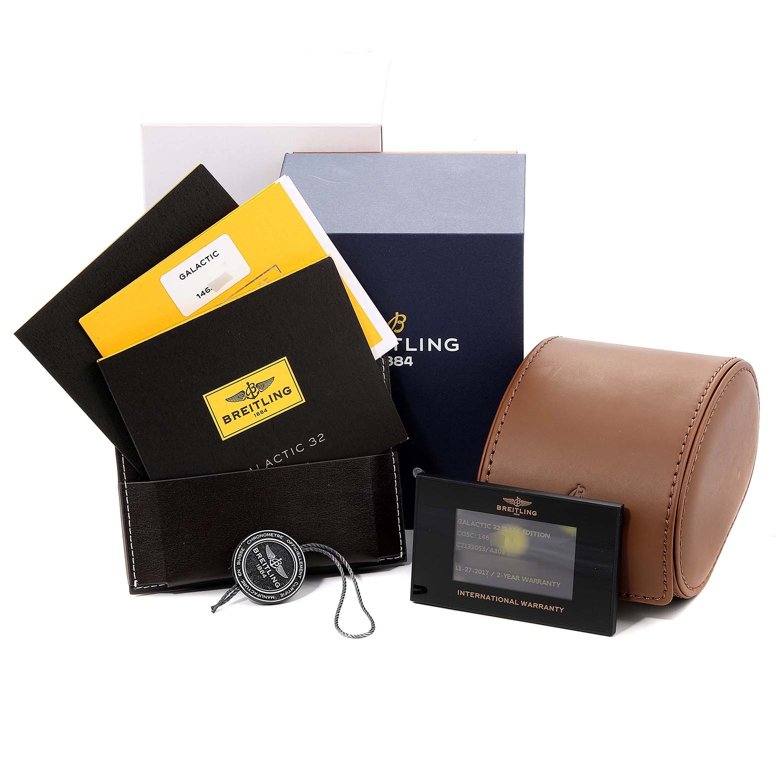 This image shows the box, papers, manual, tag, and travel case for the Breitling C7133053/A803-792C Women's Steel and Gold (two tone) Mother of Pearl Dial C7133053/A803-792C Women's Steel and Gold (two tone) Mother of Pearl Dial Galactic 32 Steel Rose Gold MOP Diamond Ladies Watch C71330.