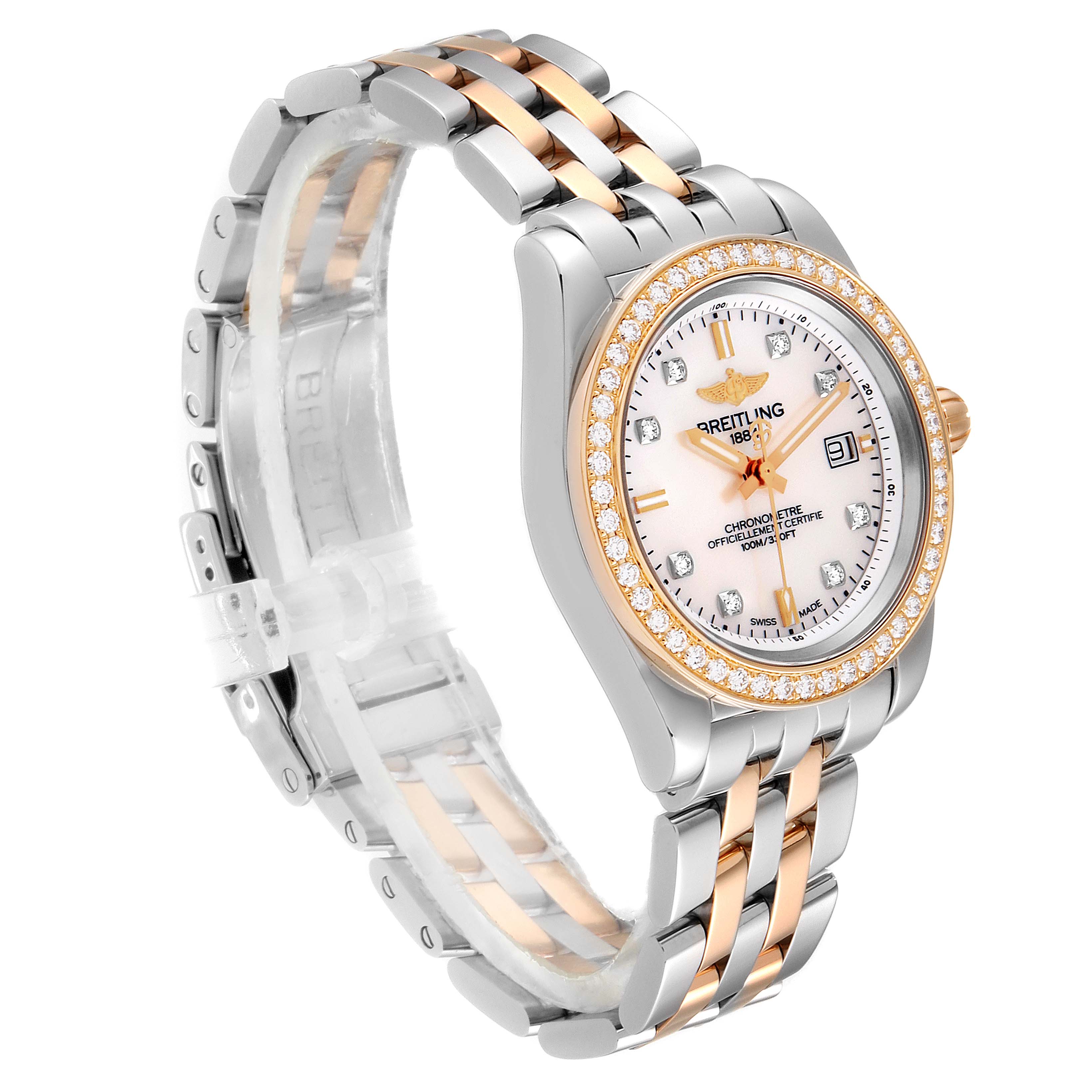 The Breitling C7133053/A803-792C Women's Steel and Gold (two tone) Mother of Pearl Dial C7133053/A803-792C Women's Steel and Gold (two tone) Mother of Pearl Dial Galactic 32 Steel Rose Gold MOP Diamond Ladies Watch C71330 is shown at an angle revealing the face, bezel, and band.