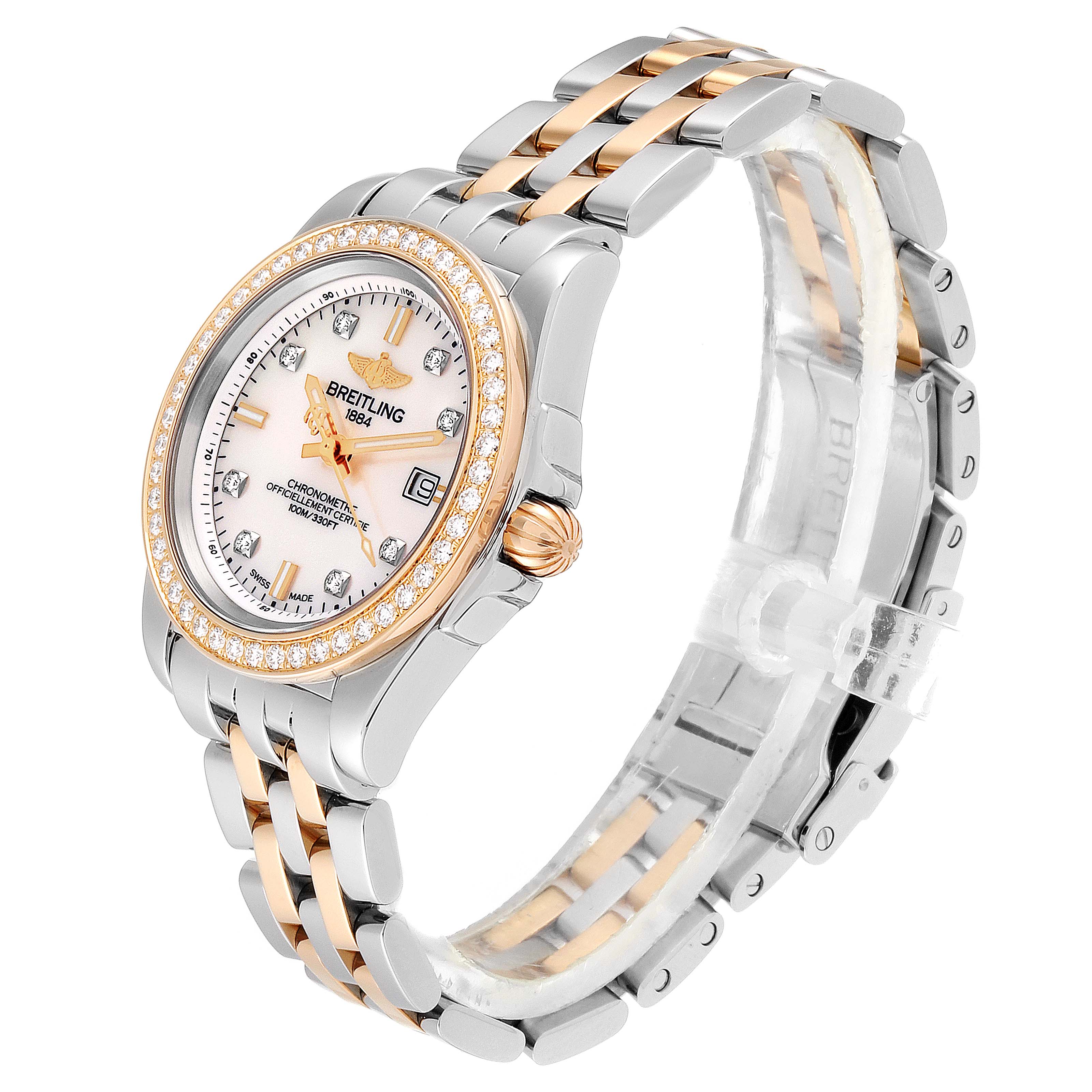 The Breitling C7133053/A803-792C Women's Steel and Gold (two tone) Mother of Pearl Dial C7133053/A803-792C Women's Steel and Gold (two tone) Mother of Pearl Dial Galactic 32 Steel Rose Gold MOP Diamond Ladies Watch C71330 is shown at a 3/4 angle, displaying the face, bezel, and part of the bracelet.