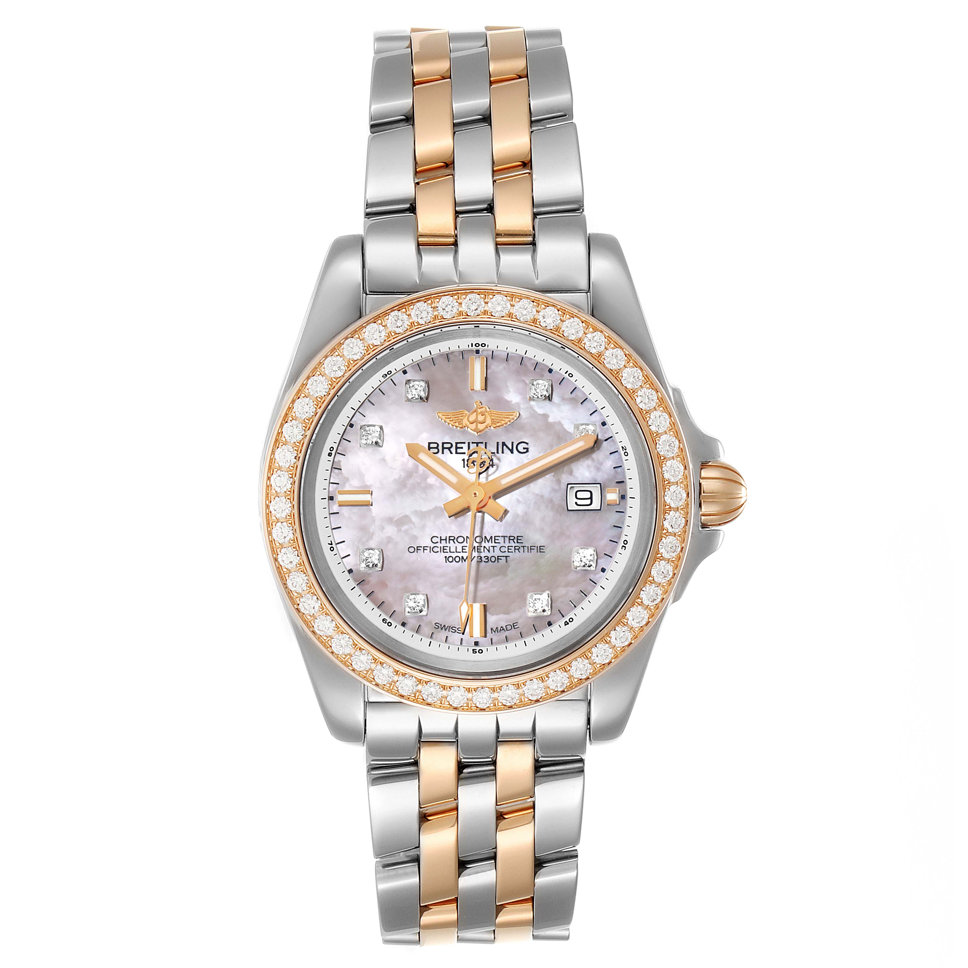 The Breitling C7133053/A803-792C Women's Steel and Gold (two tone) Mother of Pearl Dial C7133053/A803-792C Women's Steel and Gold (two tone) Mother of Pearl Dial Galactic 32 Steel Rose Gold MOP Diamond Ladies Watch (model C71330) is shown from the top, highlighting its face and bracelet.