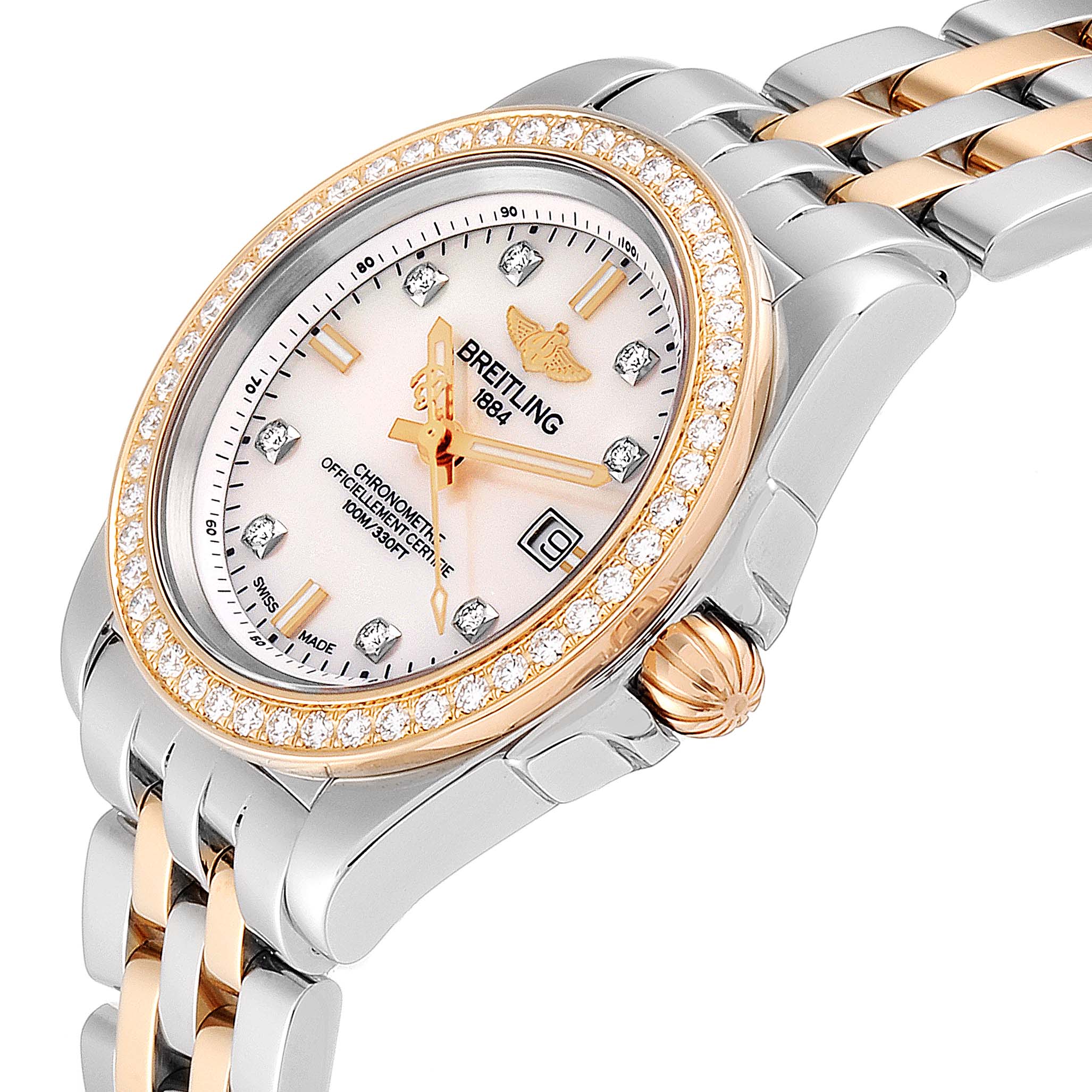 The Breitling C7133053/A803-792C Women's Steel and Gold (two tone) Mother of Pearl Dial C7133053/A803-792C Women's Steel and Gold (two tone) Mother of Pearl Dial Galactic 32 Steel Rose Gold MOP Diamond Ladies Watch C71330 is shown at a slight angle highlighting the bezel, dial, and part of the bracelet.