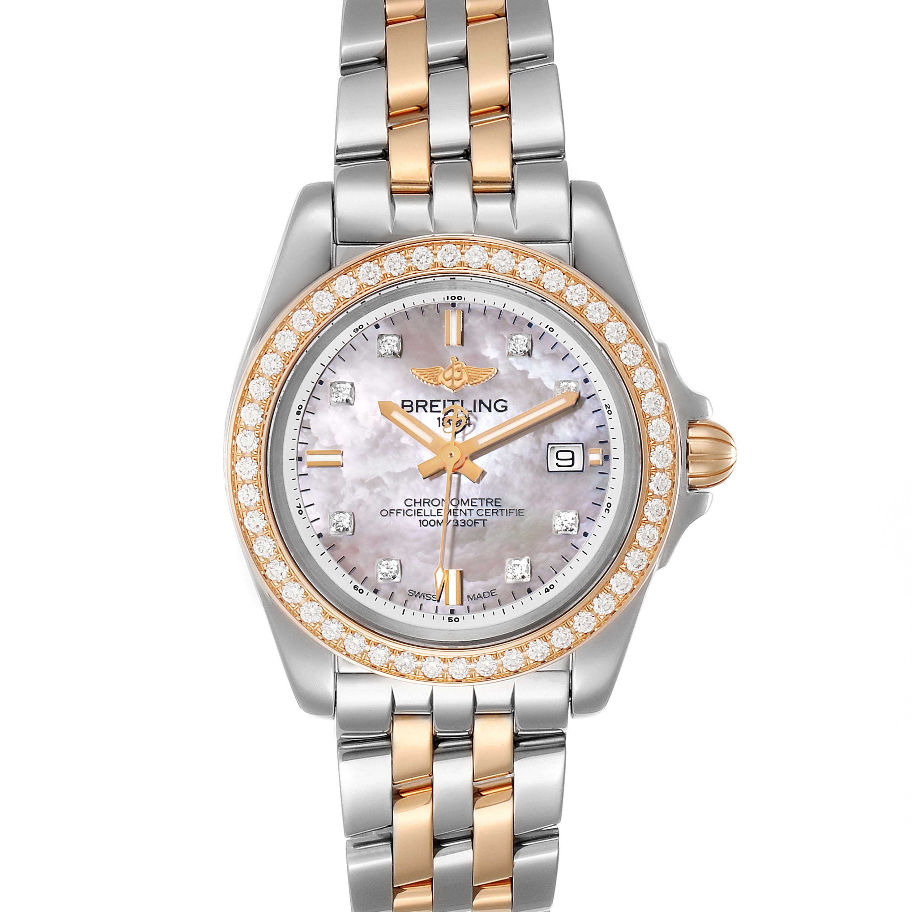 The Breitling C7133053/A803-792C Women's Steel and Gold (two tone) Mother of Pearl Dial C7133053/A803-792C Women's Steel and Gold (two tone) Mother of Pearl Dial Galactic 32 Steel Rose Gold MOP Diamond Ladies Watch C71330 is shown from the front, highlighting its dial, bezel, and bracelet.