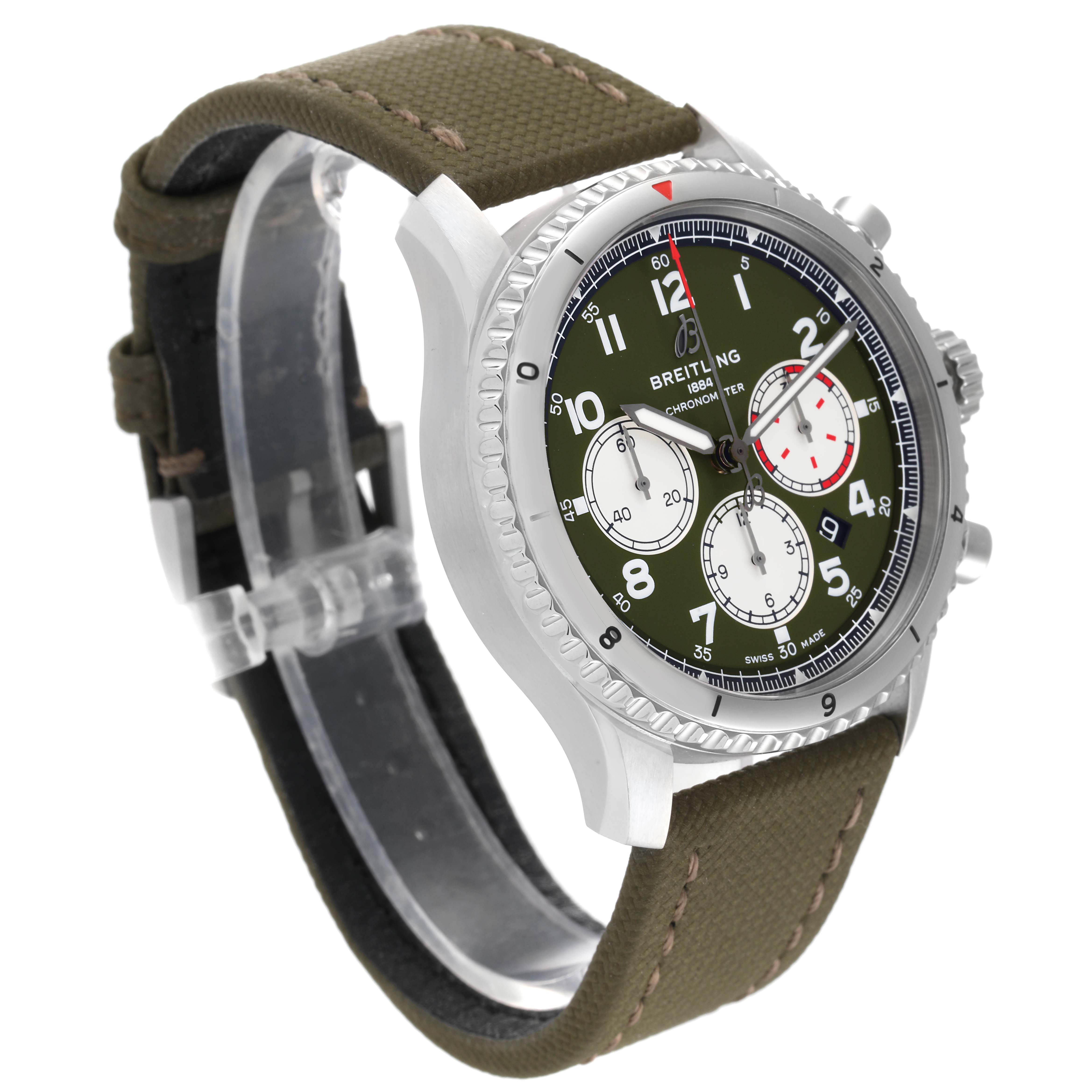 This image shows a side view of a Breitling Navitimer watch, highlighting its green dial, chronograph subdials, and olive strap.