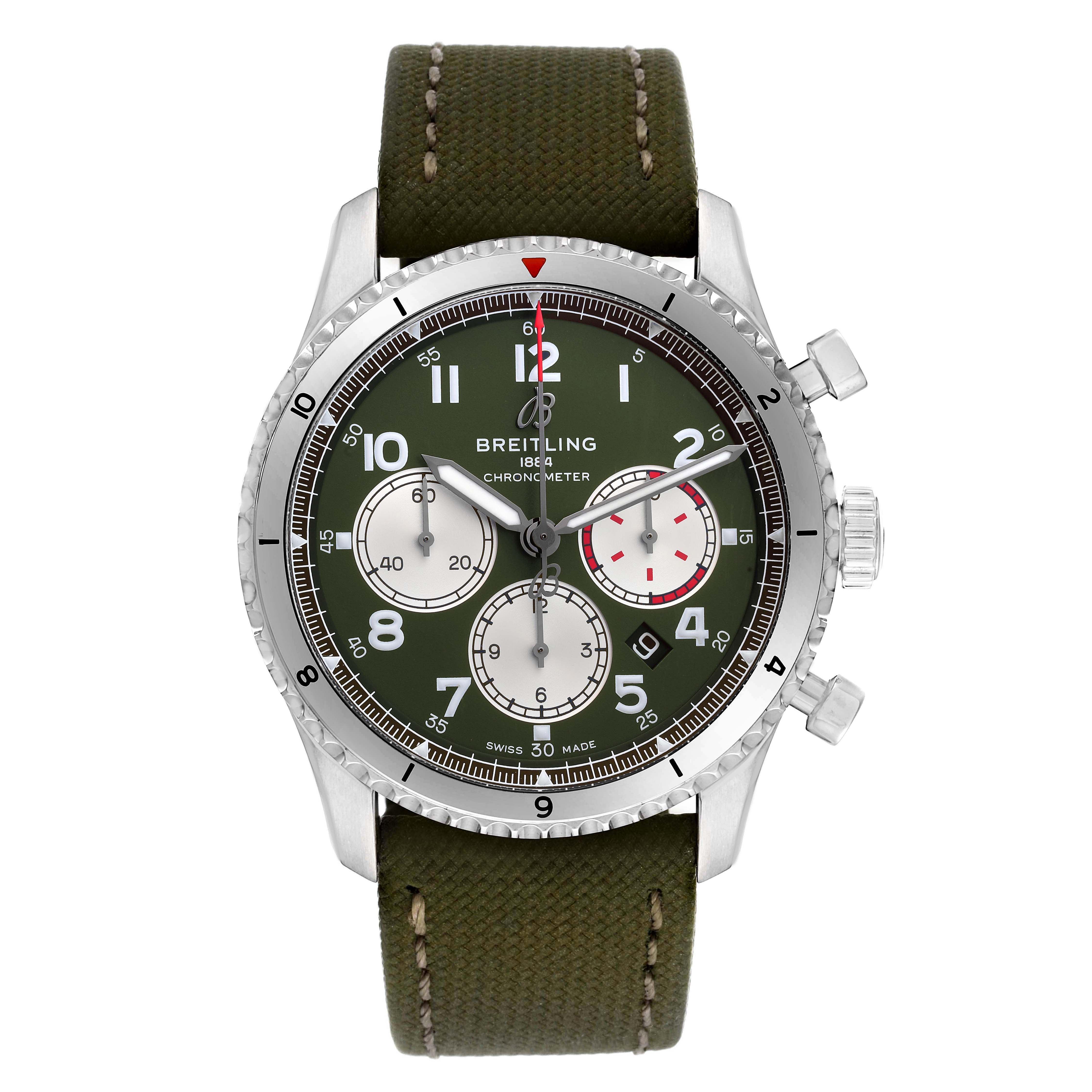 This image shows a front view of a Breitling Navitimer watch, highlighting its green dial, chronograph subdials, and green strap.