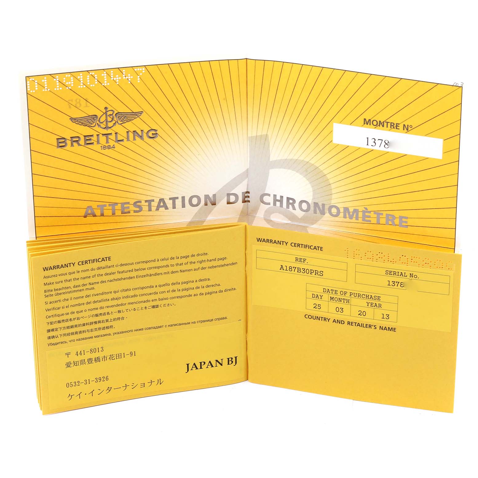 This image shows the warranty certificate and chronometer attestation for the Breitling Superocean A17364 Men's Stainless Steel Black Dial A17364 Men's Stainless Steel Black Dial watch, including serial and reference numbers.