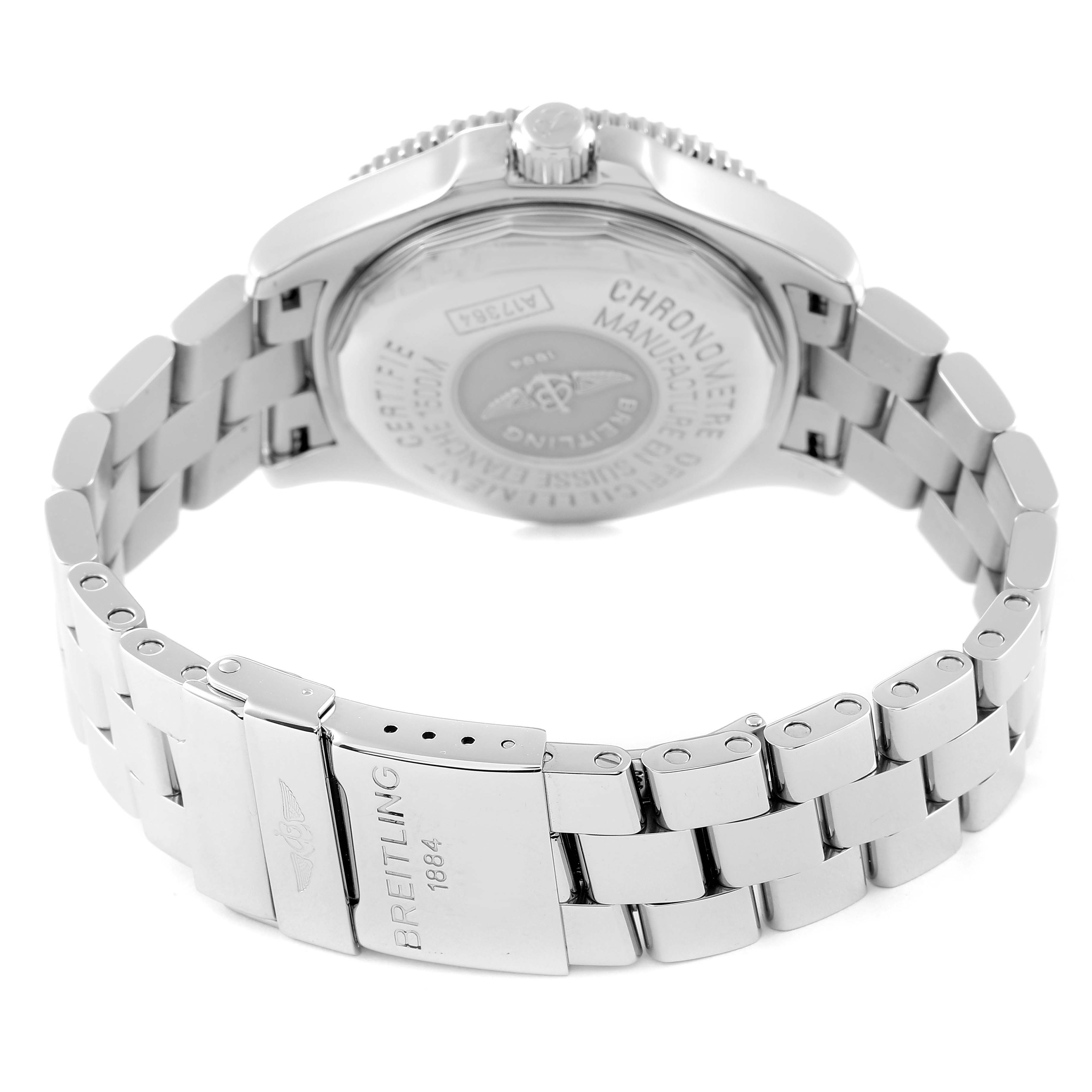 The image shows the back and bracelet of a Breitling Superocean A17364 Men's Stainless Steel Black Dial A17364 Men's Stainless Steel Black Dial watch from a rear diagonal angle.