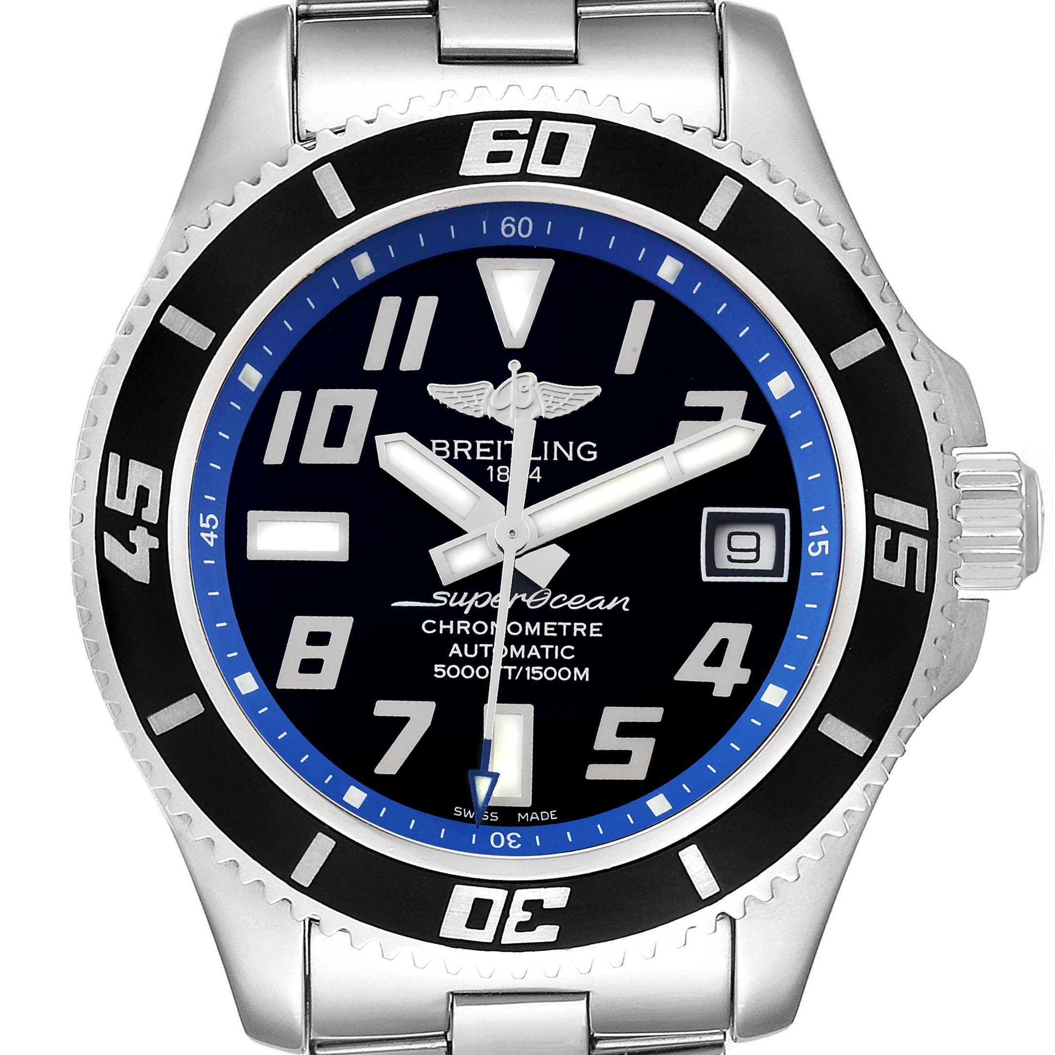 This image shows the front face and bezel of a Breitling Superocean A17364 Men's Stainless Steel Black Dial A17364 Men's Stainless Steel Black Dial watch at a straight-on angle.