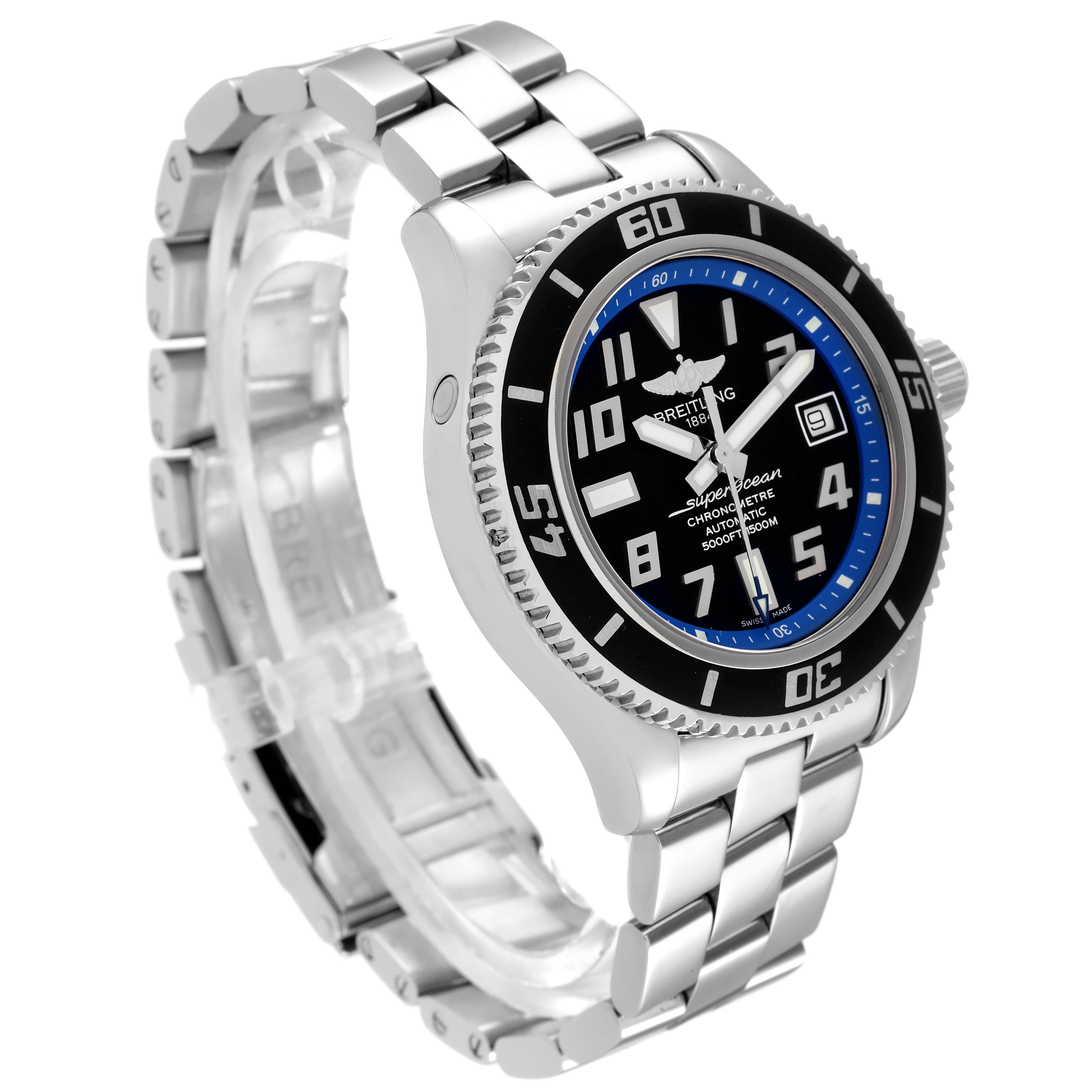 The Breitling Superocean A17364 Men's Stainless Steel Black Dial A17364 Men's Stainless Steel Black Dial watch is shown at a slight side angle, displaying its metal bracelet, bezel, and dial with blue accents.
