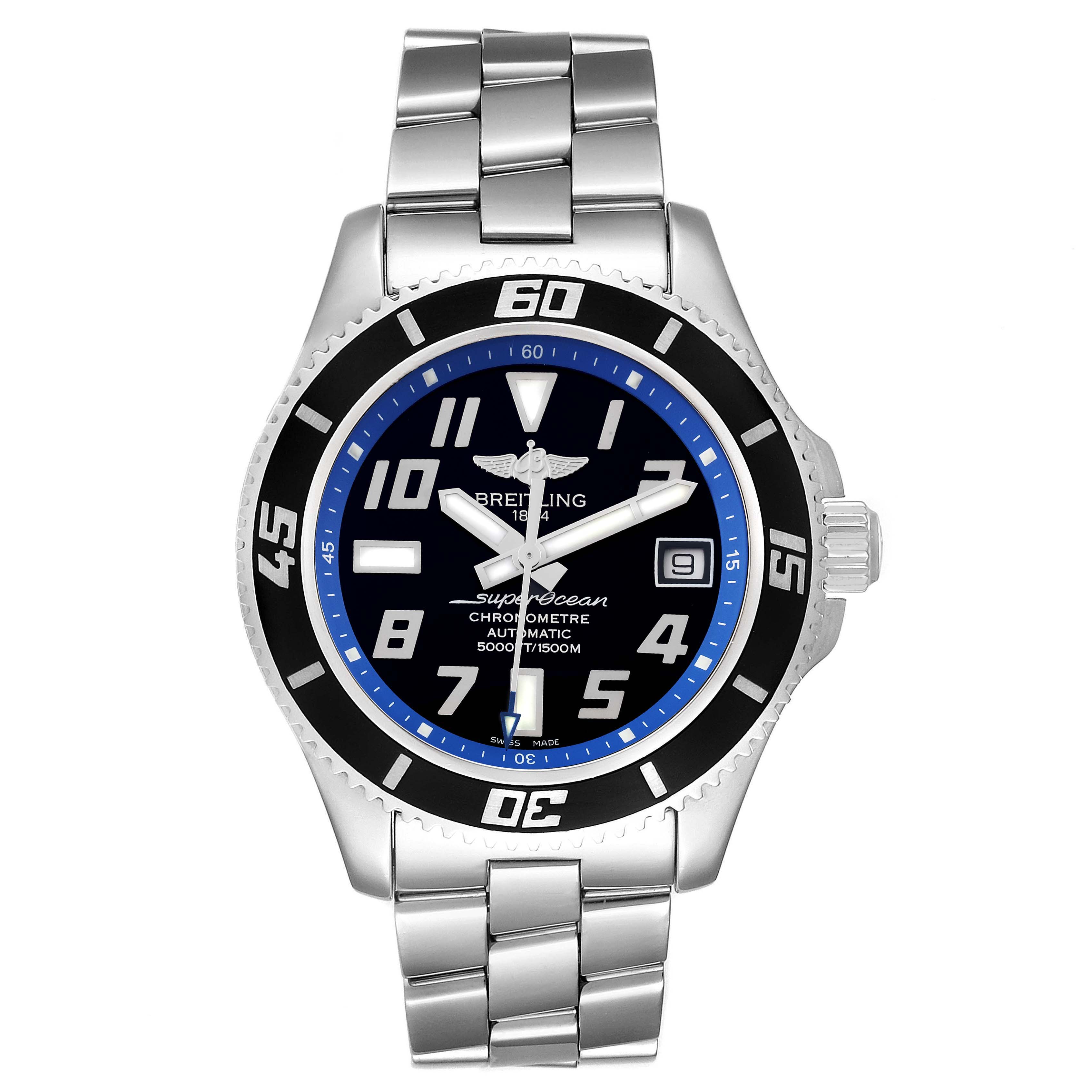 This image shows a front view of the Breitling Superocean A17364 Men's Stainless Steel Black Dial A17364 Men's Stainless Steel Black Dial watch, displaying its dial, bezel, and bracelet.