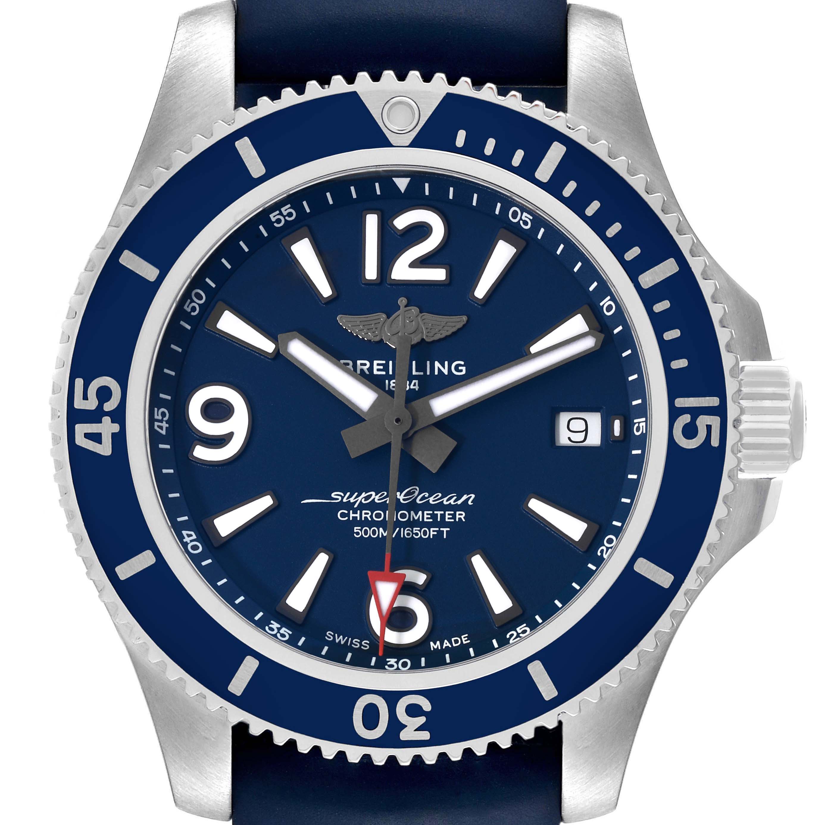 This image shows a front angle view of the Breitling Superocean A17366 Men
s Stainless Steel Blue Dial A17366 Men
s Stainless Steel Blue Dial watch, highlighting its blue dial, bezel, and crown.