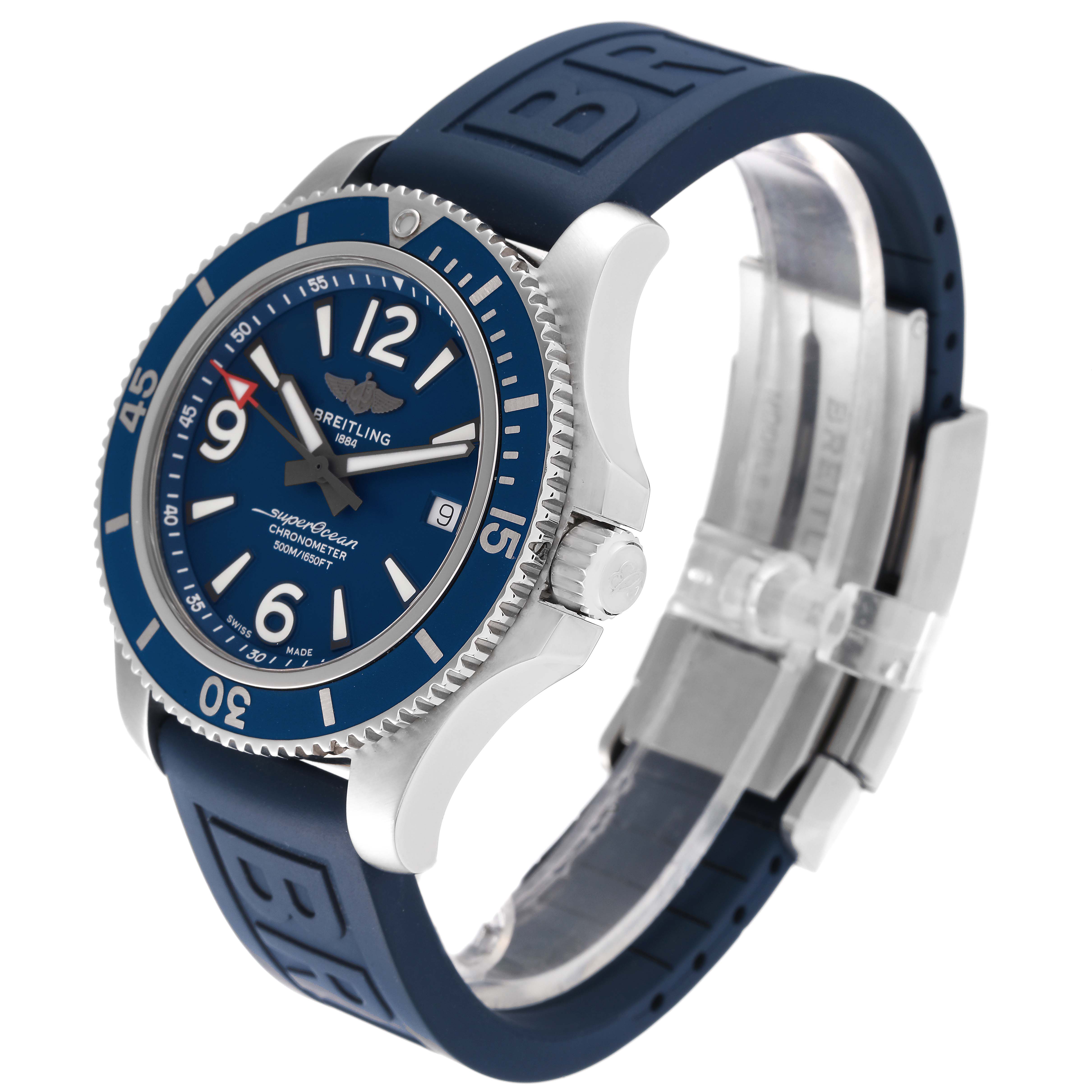 The image shows a side and angled view of the Breitling Superocean A17366 Men
s Stainless Steel Blue Dial A17366 Men
s Stainless Steel Blue Dial watch, highlighting the face, bezel, crown, and blue rubber strap.