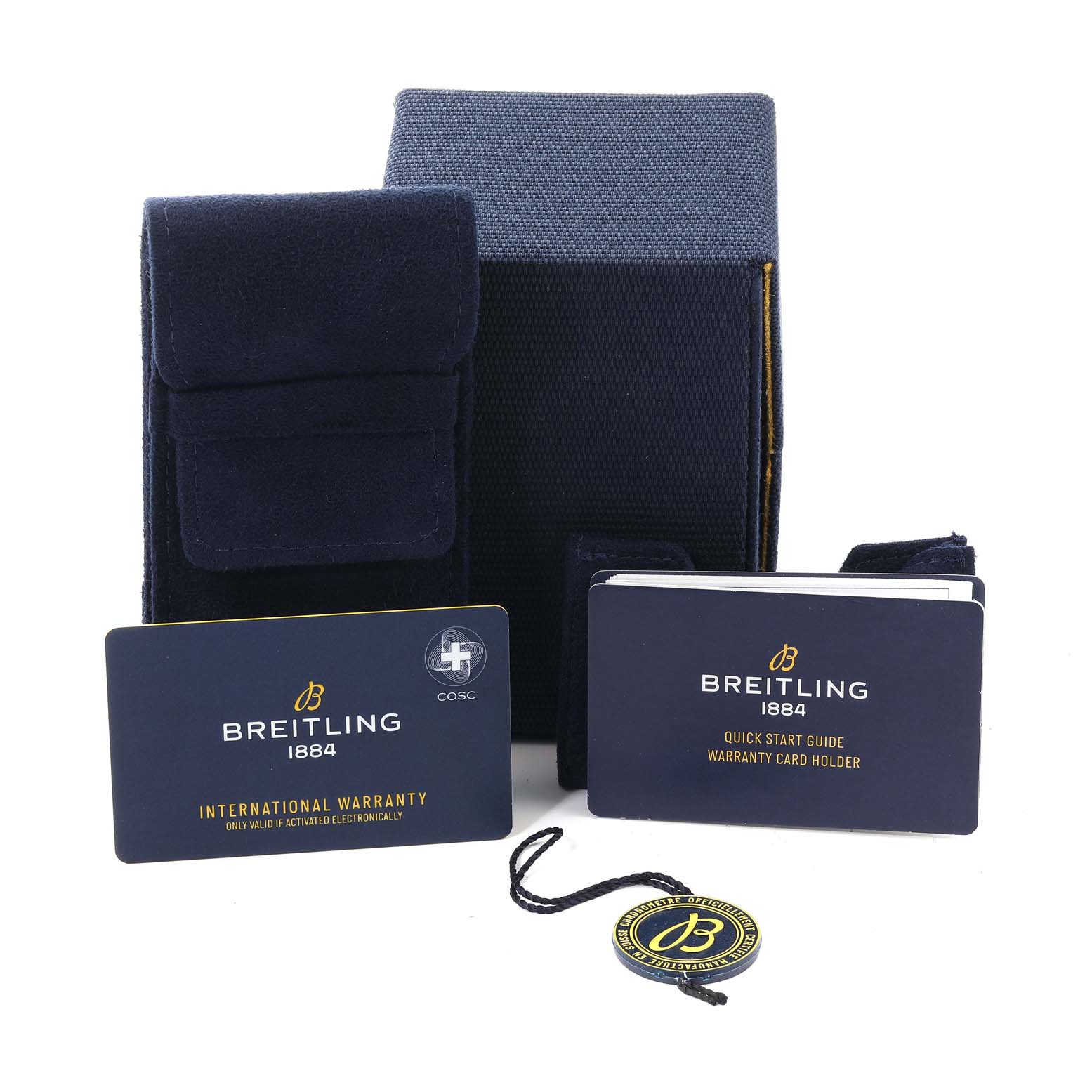 The image shows packaging, an international warranty card, a quick-start guide, and a tag for the Breitling Superocean A17366 Men
s Stainless Steel Blue Dial A17366 Men
s Stainless Steel Blue Dial model.