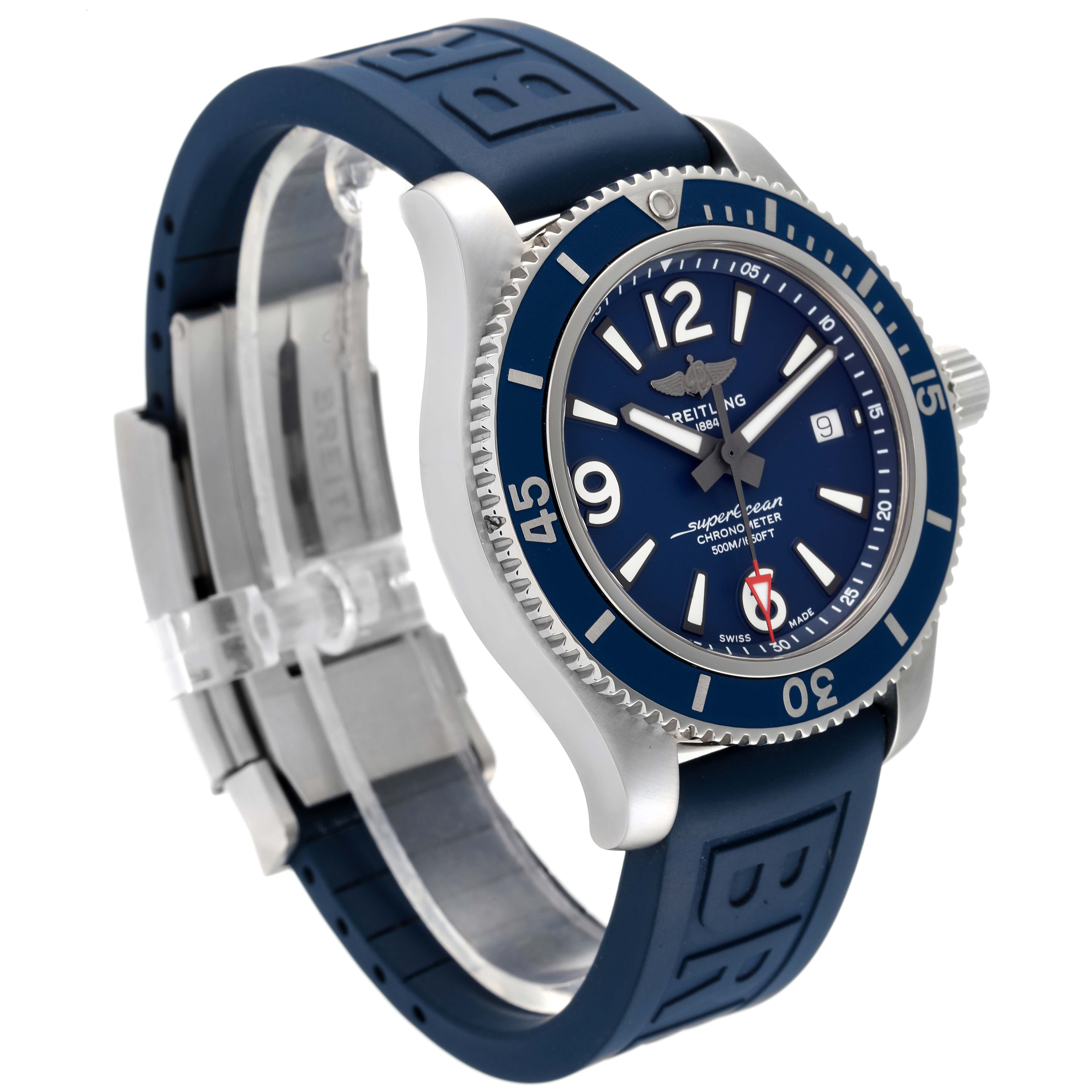 The image shows the Breitling Superocean A17366 Men
s Stainless Steel Blue Dial A17366 Men
s Stainless Steel Blue Dial watch angled from the front left, highlighting the blue dial, bezel, and rubber strap.