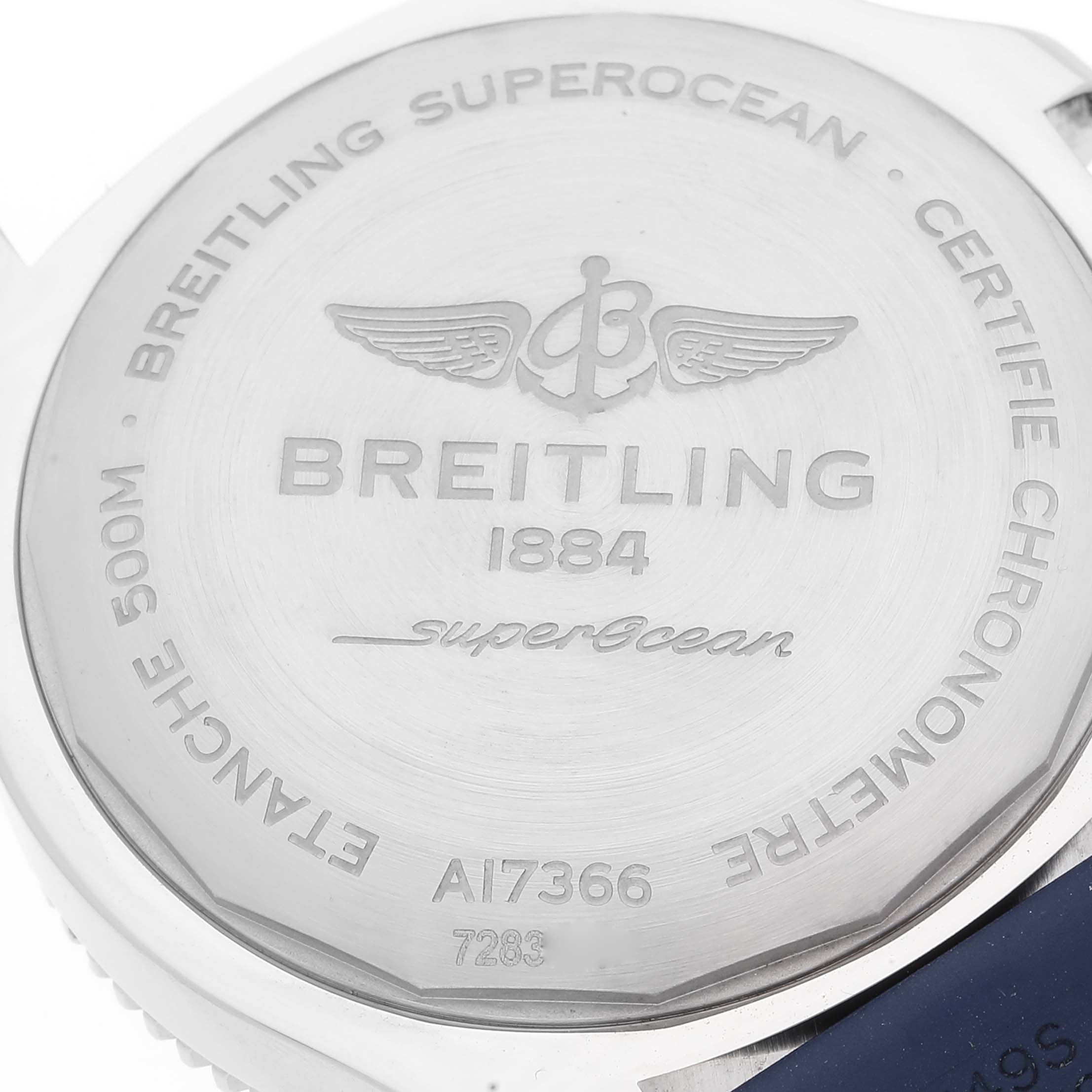 This is a rear view of the Breitling Superocean A17366 Men
s Stainless Steel Blue Dial A17366 Men
s Stainless Steel Blue Dial watch, showcasing the engraved case back detailing.