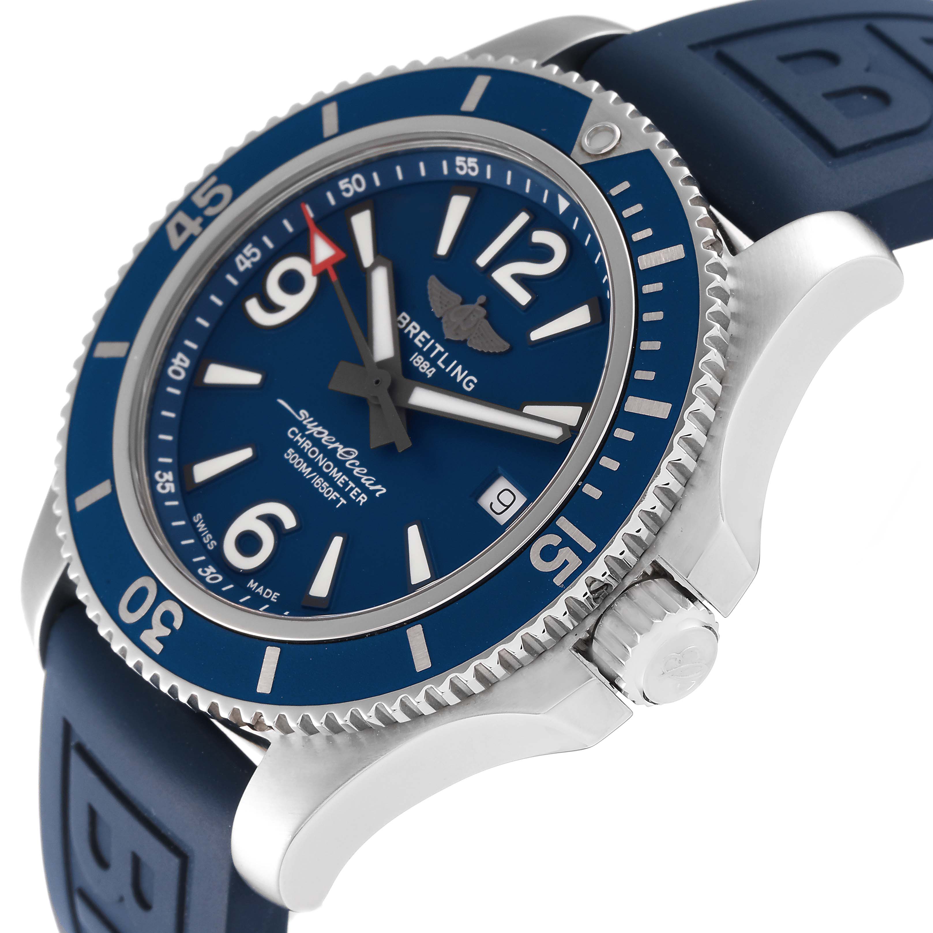 The image shows a tilted angle of a Breitling Superocean A17366 Men
s Stainless Steel Blue Dial A17366 Men
s Stainless Steel Blue Dial watch, focusing on its blue dial, bezel, crown, and blue strap.