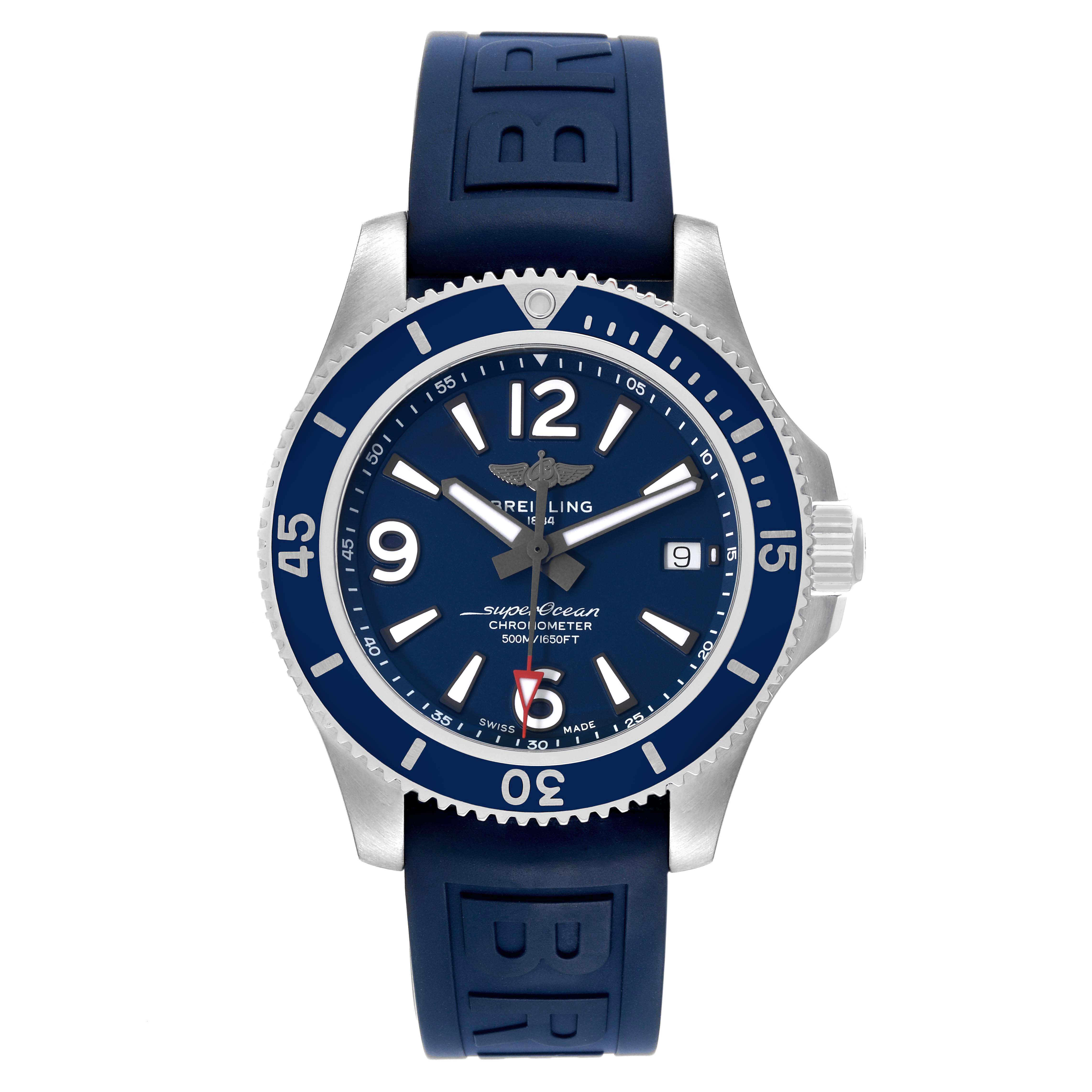 The image shows a front view of the Breitling Superocean A17366 Men
s Stainless Steel Blue Dial A17366 Men
s Stainless Steel Blue Dial watch, highlighting its face, bezel, and strap.
