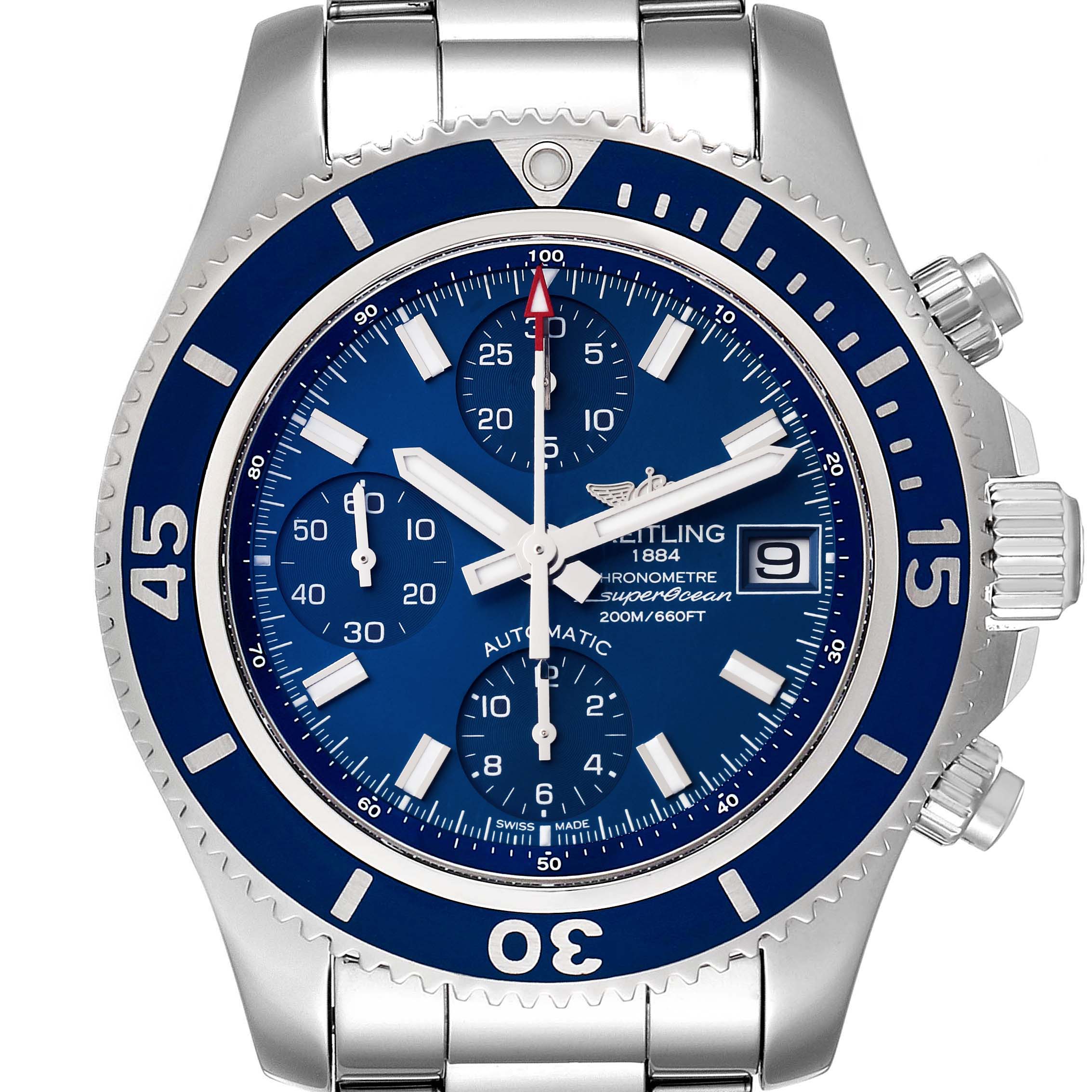 This is a Breitling Superocean A13311 Men's Stainless Steel Blue Dial A13311 Men's Stainless Steel Blue Dial watch showing its face, bezel, pushers, crown, subdials, and date display from a front angle.
